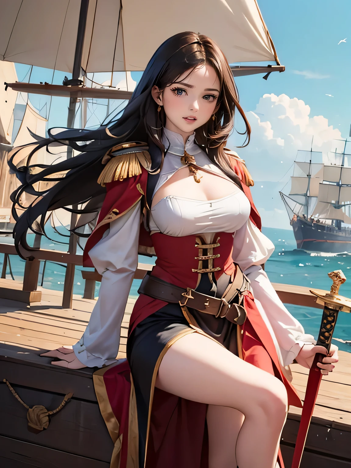 ((medieval world)), (noble's daughter who became a pirate, captain, (medieval European aristocratic unbuttoned dress, luxury jewelry), breasts, she has a long westerner sword), on the deck of a medieval large galleon that was made of woods during the Age of Discovery in the Middle Ages, windy, a lot of cargo, open legs, (swollen areolas, pubic hair), smiling, angle from below, in the ocean,