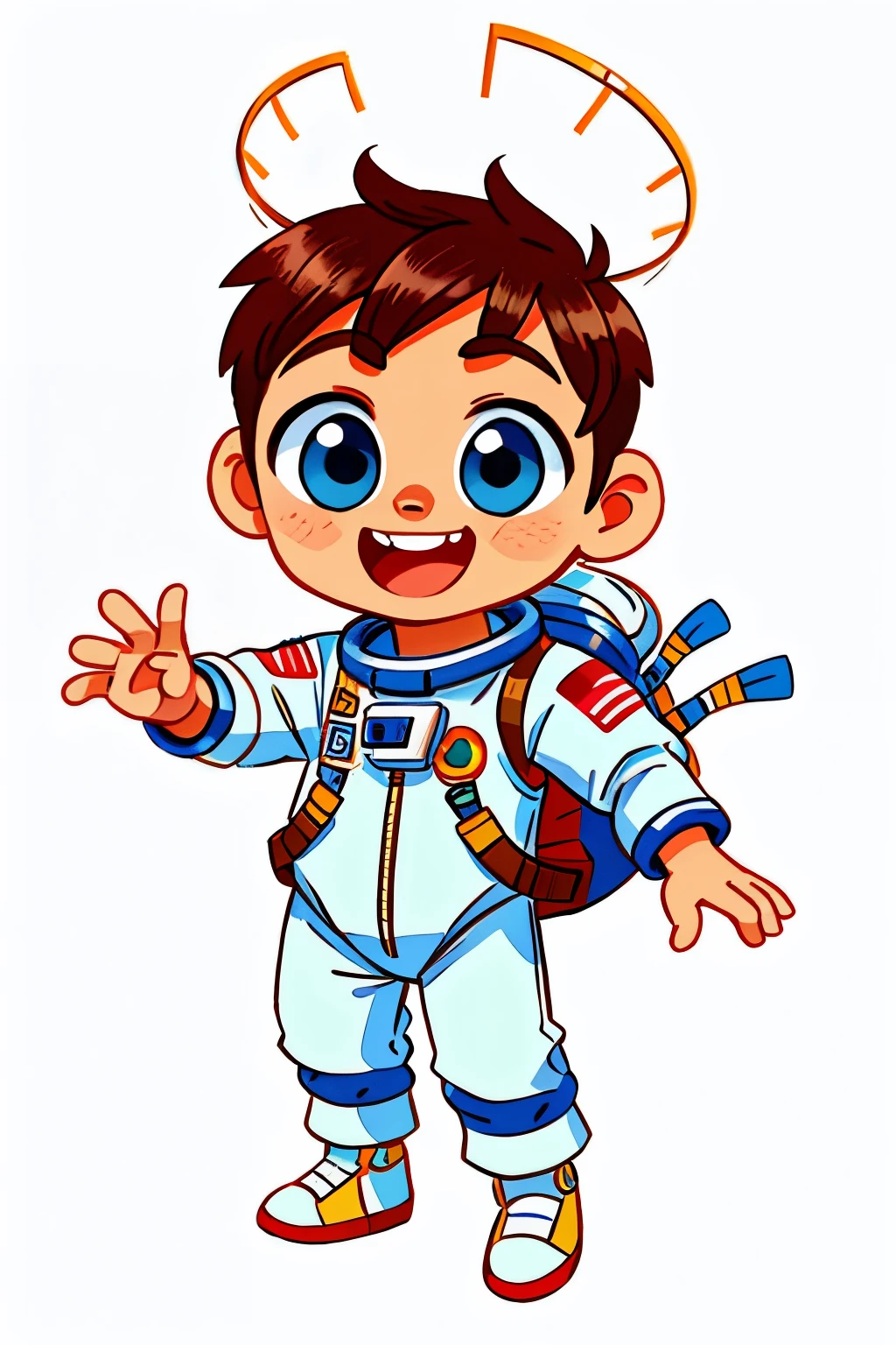 A 6 year old boy, white background, wearing astronaut outfit, full body, happy, perfect quality, clear focus (chibi style) (best quality) (intricate details) (8K) (detailed eyes) (sharp focus), ( happy)