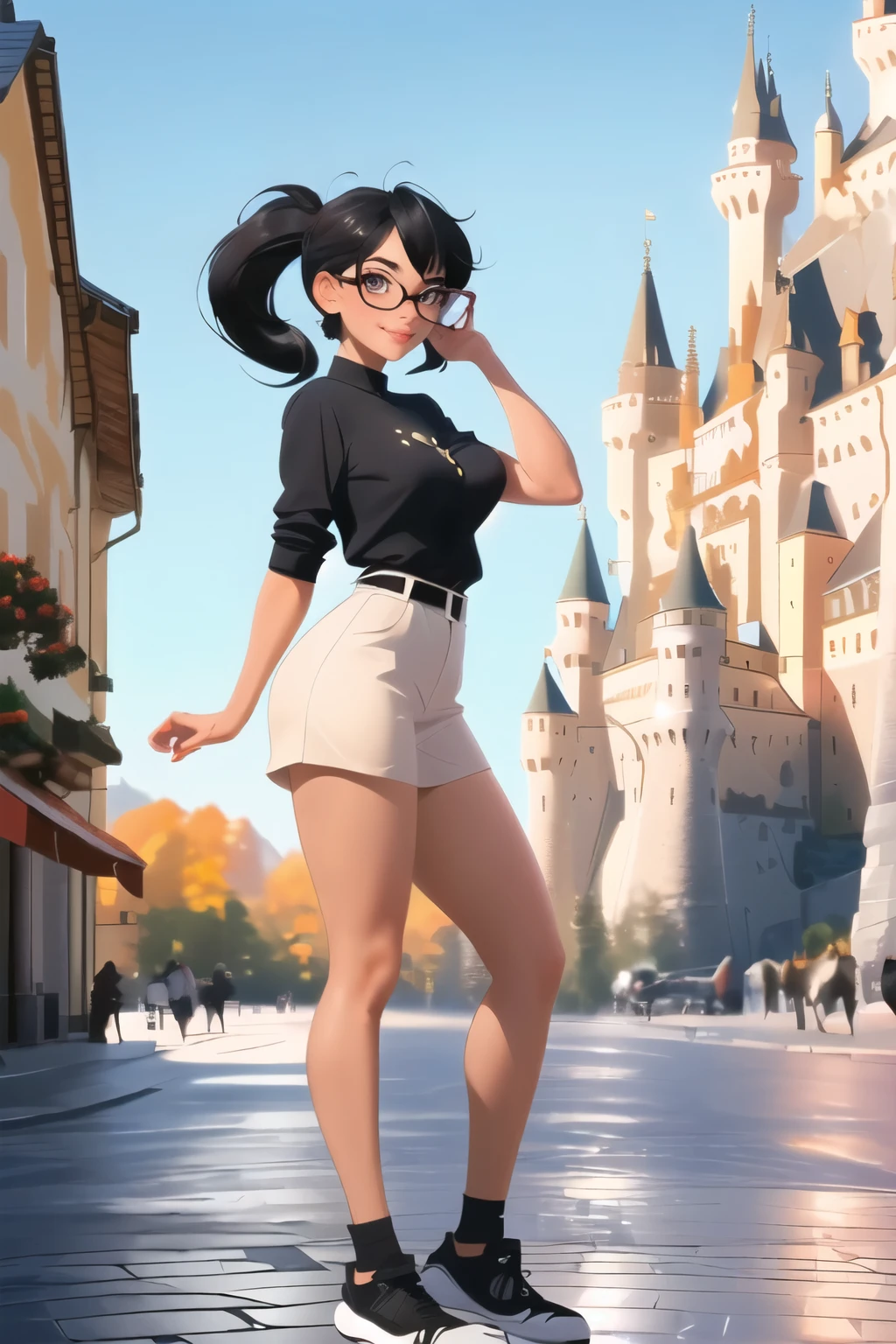 ((wide angle shot)) Beautiful female tourist, black hair tied in a ponytail, bangs, wearing large glasses, smiling corner of the mouth, ((wearing a street style outfit )) morning light, Neuschwanstein Castle, Germany