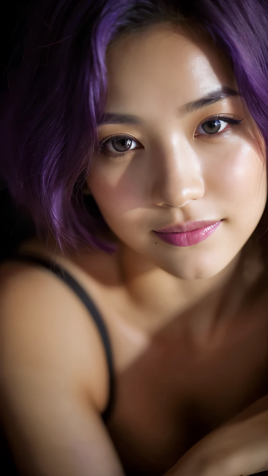 highest quality, epic realistic, ((in the pitch black darkness :1.4)), ((portrait:1.5)),(background: dark ) high contrast ,glorious picture, lowest lux, lighting face, she's comfortable, wearing nothing, looks incredible, (8k, Raw photo, Highest quality),(epic realistic:1.5), a woman, face,(detailed eyes:0.8),(looking at the camera:1.4), (Highest quality), ( high contrast, deep shadows),Intricate details,cinematic,((skin:1.4)), (short purple hair:1.3), short purple hair, messy ,(Hdr:1.5),Detailed, colors, Superior quality, Masterpiece, Raw Photo (20-year-old, looking at viewer), beautiful, (wearing nothing,), perfect, natural, perfect composition, portrait, perfect face, smiling expression, Captivating eyes, Bright details, Tight lips, (High Skin Detail),, (blue tint: 0.6), (sale: 0.8), (bloody: 0.7), Key lighting , (backlight: 0.5), Medium depth of field, Canon 5d, 50mm lens, f/4 apertures, (Ultra-detailed, Complex detail), sharp focus, soft colors, 8k, Absurd, 80mm, dark background, photography, smiling, large breasts, short purple hair, nude, wearing nothing, pinay, filipina