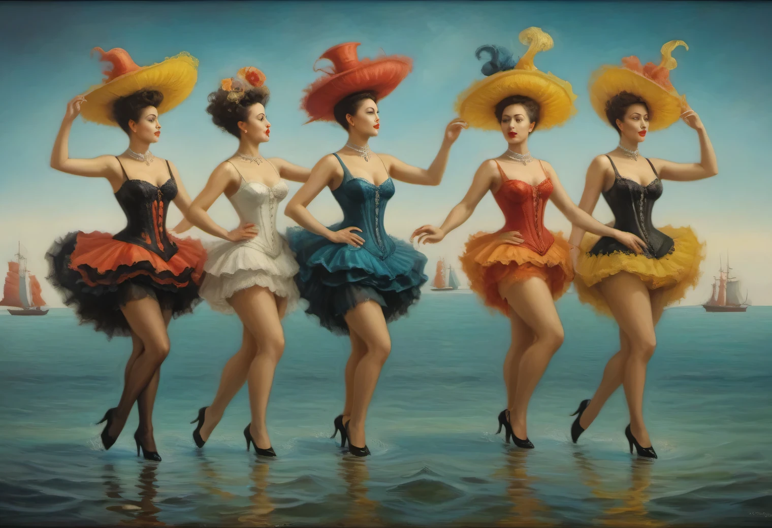 oil painting on canvas, Surreal Image, 5 women in cabaret costumes from 1825 dancing cancan On the surface of the sea, High detail, A high resolution, Surrealism, Inspired by (Pavel Kuchinsky:1.345), (Varus means:1.225), (Peter Mohrbacher:1.215), (Yves Tanguy:1.345), On the surface of the sea, dance On the surface of the sea