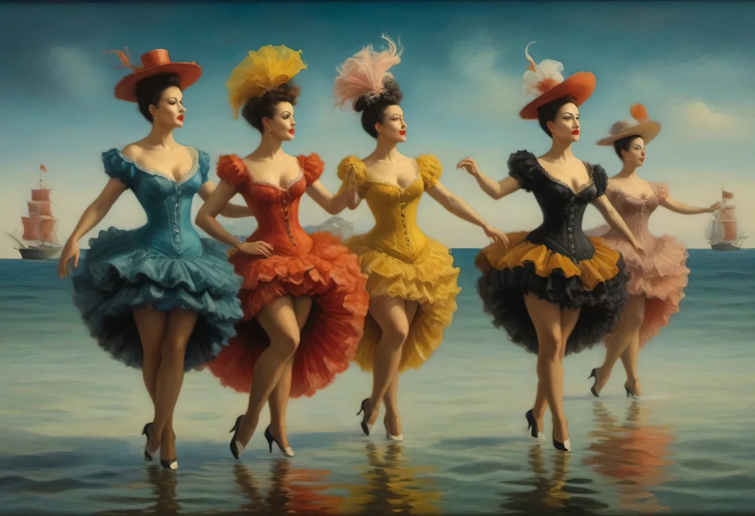 oil painting on canvas, surreal image, 7 women with slender legs, in 1825 cabaret costumes dancing the cancan, on stage, high detail, high resolution, Surrealism, inspired by (Pavel Kuczynski:1.345), (Varus Means:1.225), (Peter Mohrbacher:1.215) , (Yves Tanguy:1.345), On the surface of the sea, dance