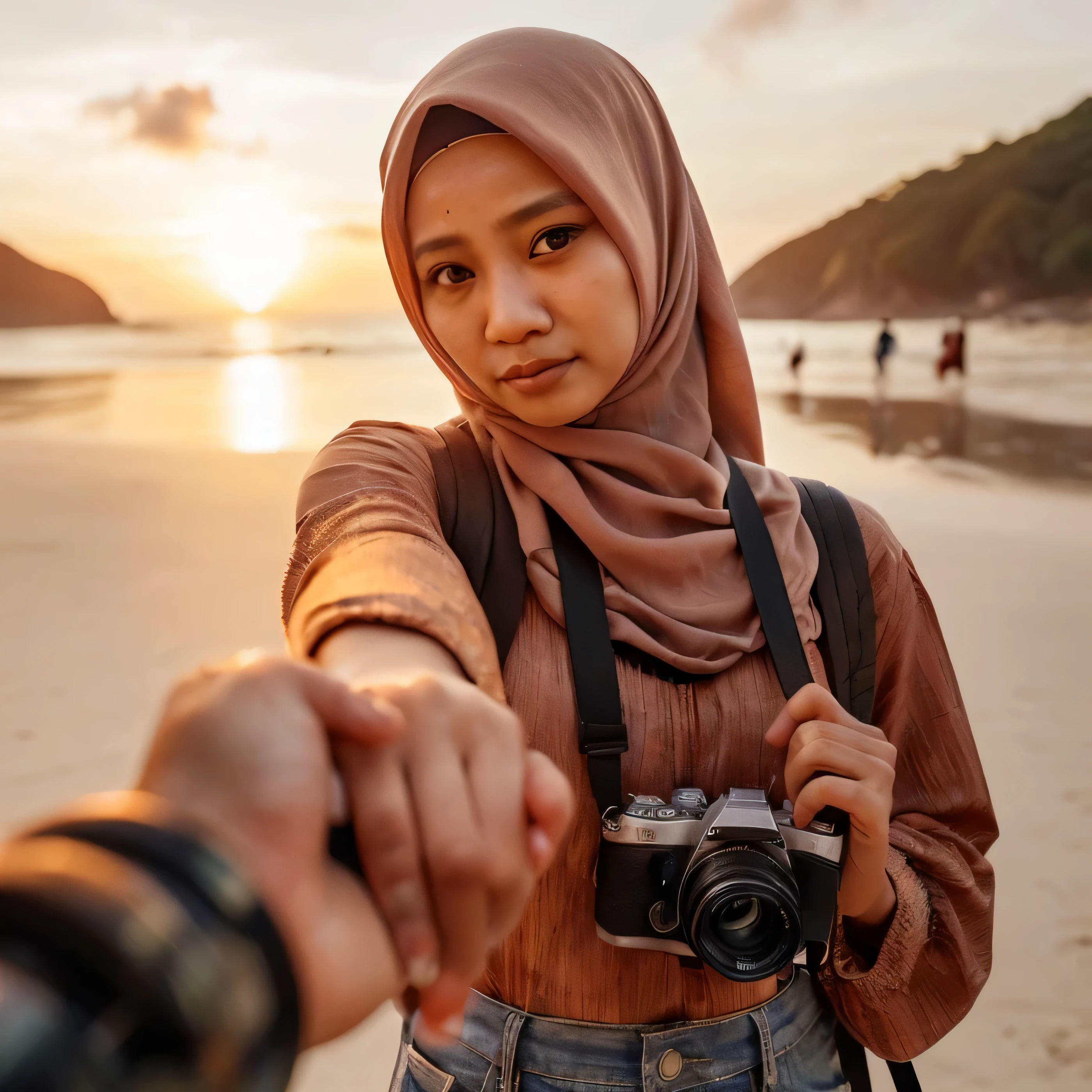 A 31 years old Indonesian woman wearing a hijab and carrying a camera is holding someone's hand, leading them towards a beautiful beach during sunset, her face looking directly at the camera, close up