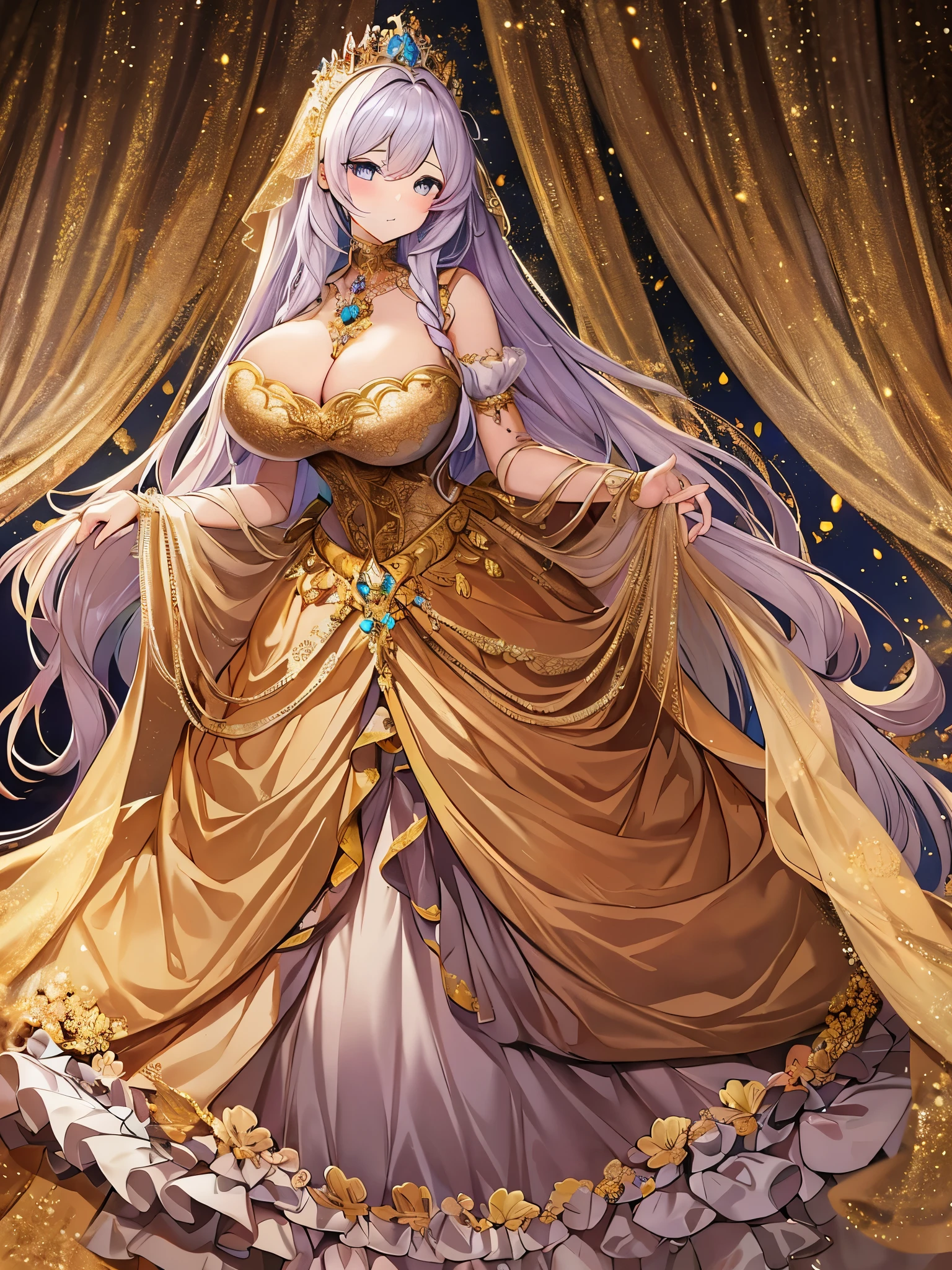 ((anime artstyle)),(((absurdres, Full-HD))),(Masterpiece),(Best Quality),(Super Detail),((Very Delicate and Beautiful)),cinematic lighting,Solo,full body,((full body shot)),((1 majestic rococo princess)),detailed face and eyes,jewel-like eyes,(((very very gigantic tits,cleavage,curvy))),Skindentation,((fantasy castle,outdoor)),((crinoline,long train)),super detailed gorgeous princess rococo ballgown with voluminous full length hoop skirt and long train,((gorgeous rococo ballgown with beautiful embroidery and jeweled)),((large amount of straight hair, absurdly long hair,Very Long Straight Hair)),extremely gorgeousfull hair ornament,bling-bling extremely gorgeousfull jeweled tiara,luxurious jewelry,full body shot,((gorgeous rococo ballgown with voluminous full length hoop skirt))