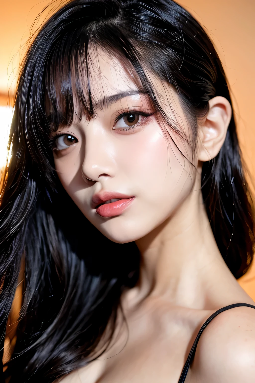 Canon RF85mmf/1.2,obra de arte,Melhor qualidade,Ultra high resolution,vc,1 garota,(misto coreano,kpop idol:1.2),Sozinho,branco_brilhante_primeiro,Olhos pretos,colar,((marrom_curto_ondulado_cabelo)),((Rosa_brilhante_lips)),Eyelash,faixa,fazer,inventar,brilhante,poro,primeiro texture,pulseira,fora do ombro,transparente,seios grandes