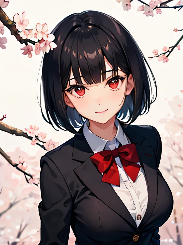 girl,black hair,short hair,dull bangs,red eyes,smile,big breasts,looking at the viewer,From above,whole body,,blazer,Cherry tree,put toast on the moon,