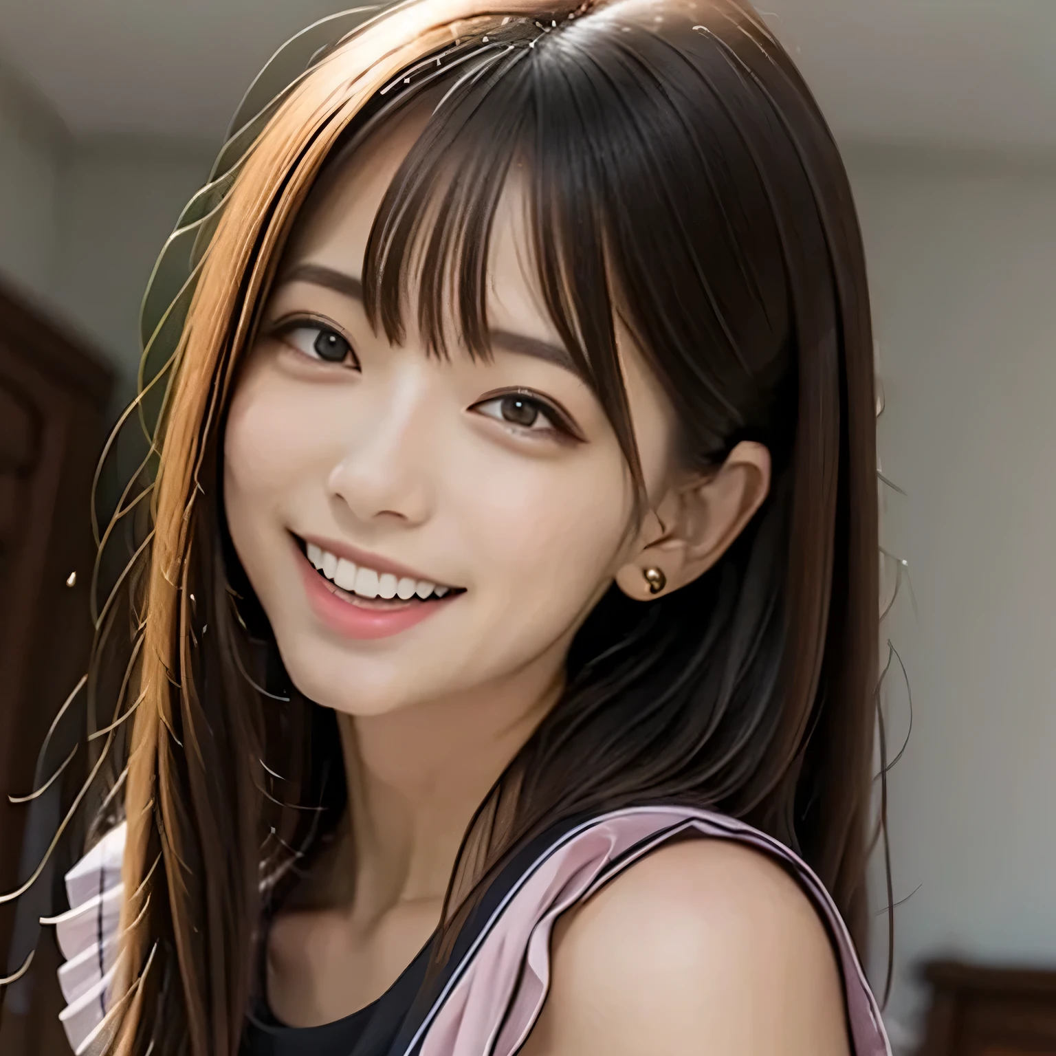 (Photoreal:1.4), (Super detailed), (highest quality), (best shadow), (masterpiece), ultra high resolution, 1 girl, alone, bob hair, (pink silk blouse:1.2), (big breasts), smile, Upper body, Depth of written boundary, With background: (living room)