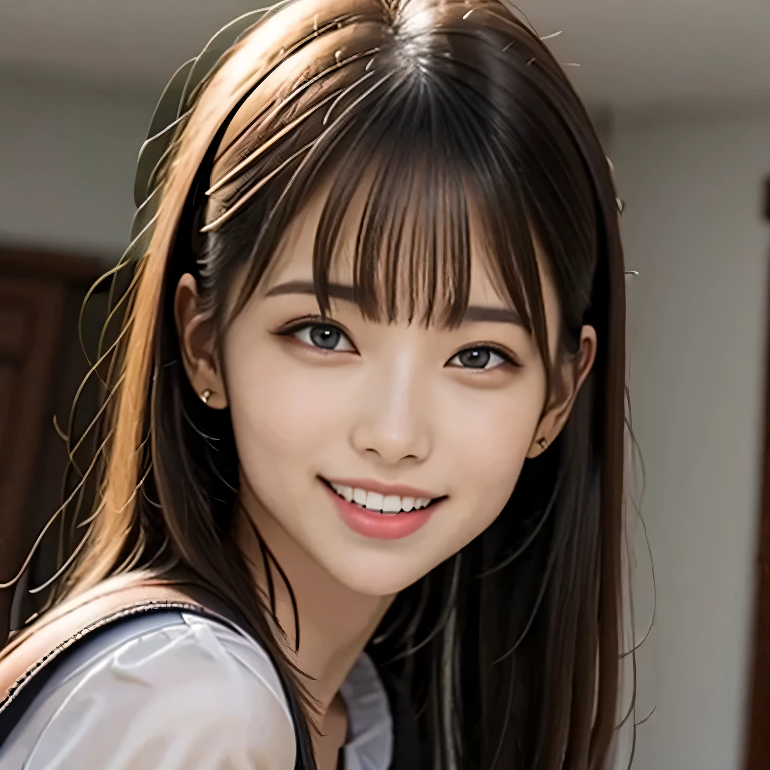 brown hair,medium hair,Female in her early 20s, small nose, with the correct look, Cute natural smile, Japanese facial features, Clean and cute face, cute realistic portrait, asian face, 8k photo, soft makeup,natural skin texture,Raw photo,highest quality,Full Body Shot,uniform mini skirt