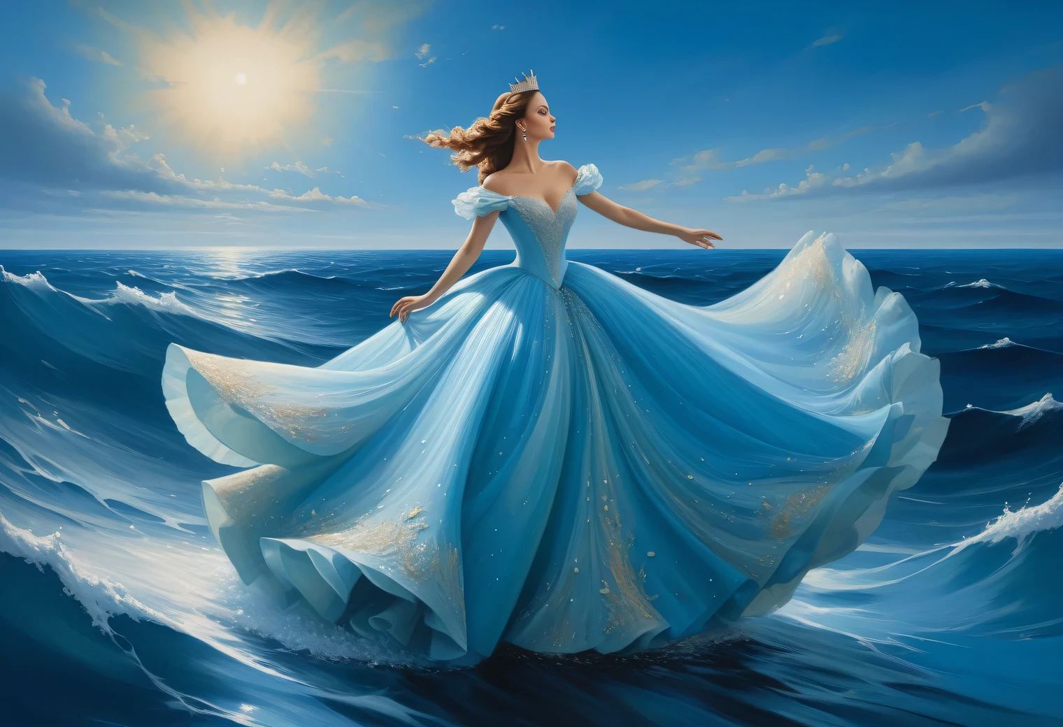 Realistic images with High detail, complete imitation of a painting by artist Karl Hilgers, the royal ball On the surface of the sea, High detail, A high resolution, Realistic brush strokes, Texture smoothing, mixing realism and surrealism, inspired by Karl Hilgers:1.5545), On the surface of the sea, dance On the surface of the sea, royal ball On the surface of the sea is shown in detail