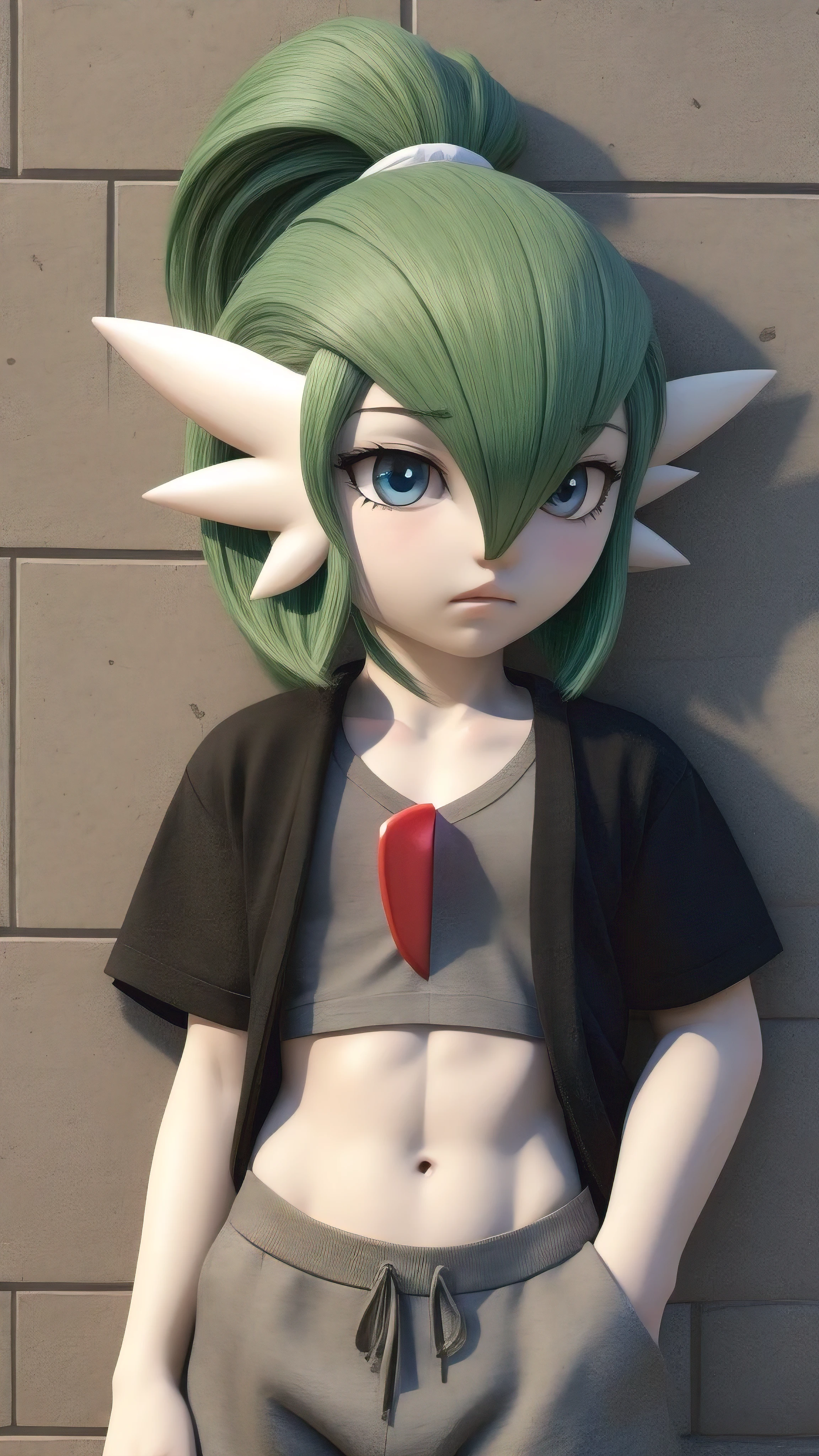 1 girl, Alone, artwork, best_quality, Photoshoot, looking at camera, young adult gardevoir, tired expression, Pokémon, Pokémon (game), game freak, nintendo, (porcelain skin), blue eyes, (hair black), (messy hair in a ponytail), black cardigan, loose t-shirt, black sweatpants, gen 3 pokemon, Pokémon (creature), White skin, concrete background, leaning 