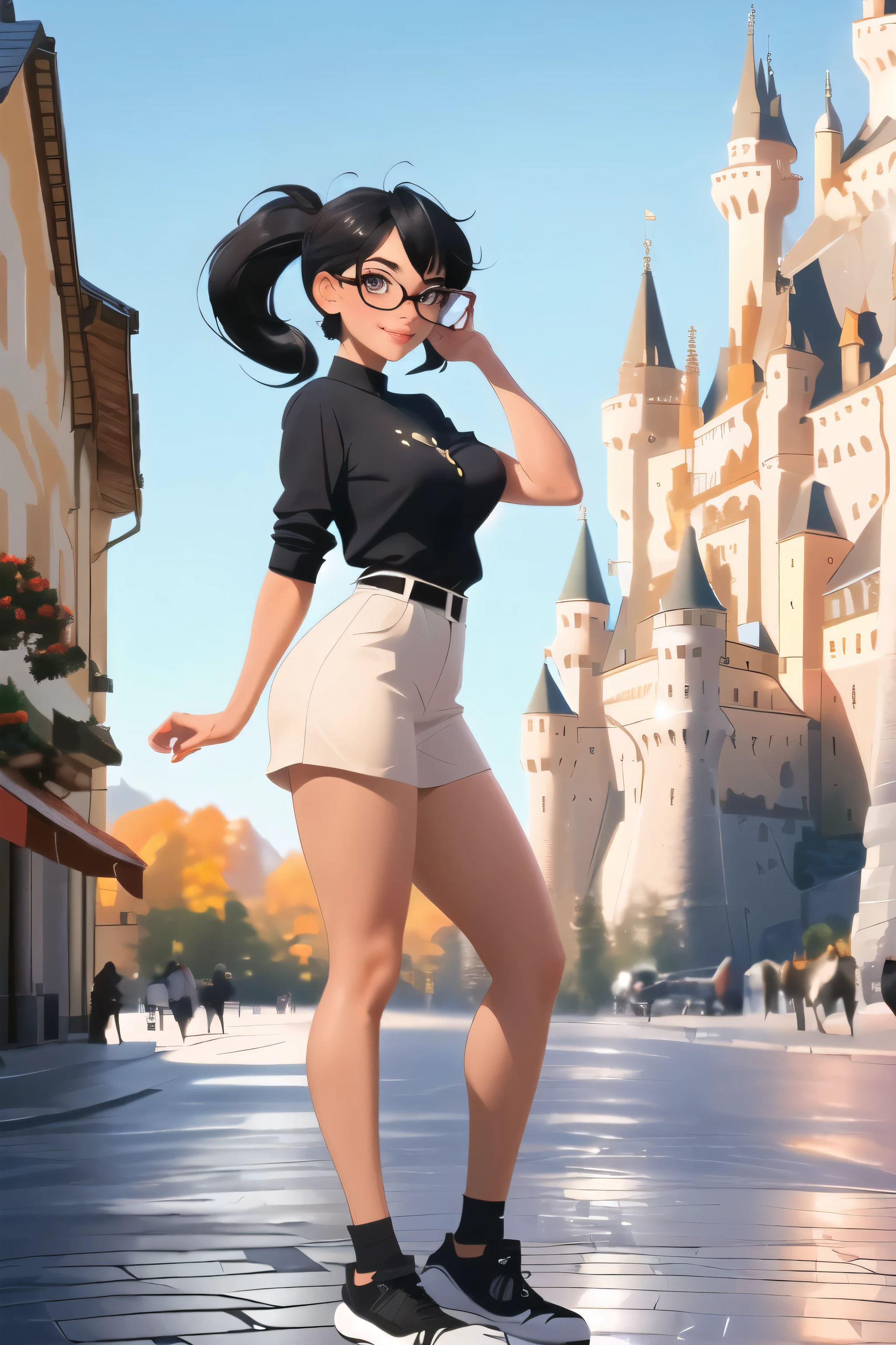 ((Wide angle shot)) beautiful female tourist, Black hair tied into a ponytail, smooth, wearing large glasses, The corners of the mouth smile., ((Wear street style clothes )) morning light, Neuschwanstein Castle, Germany