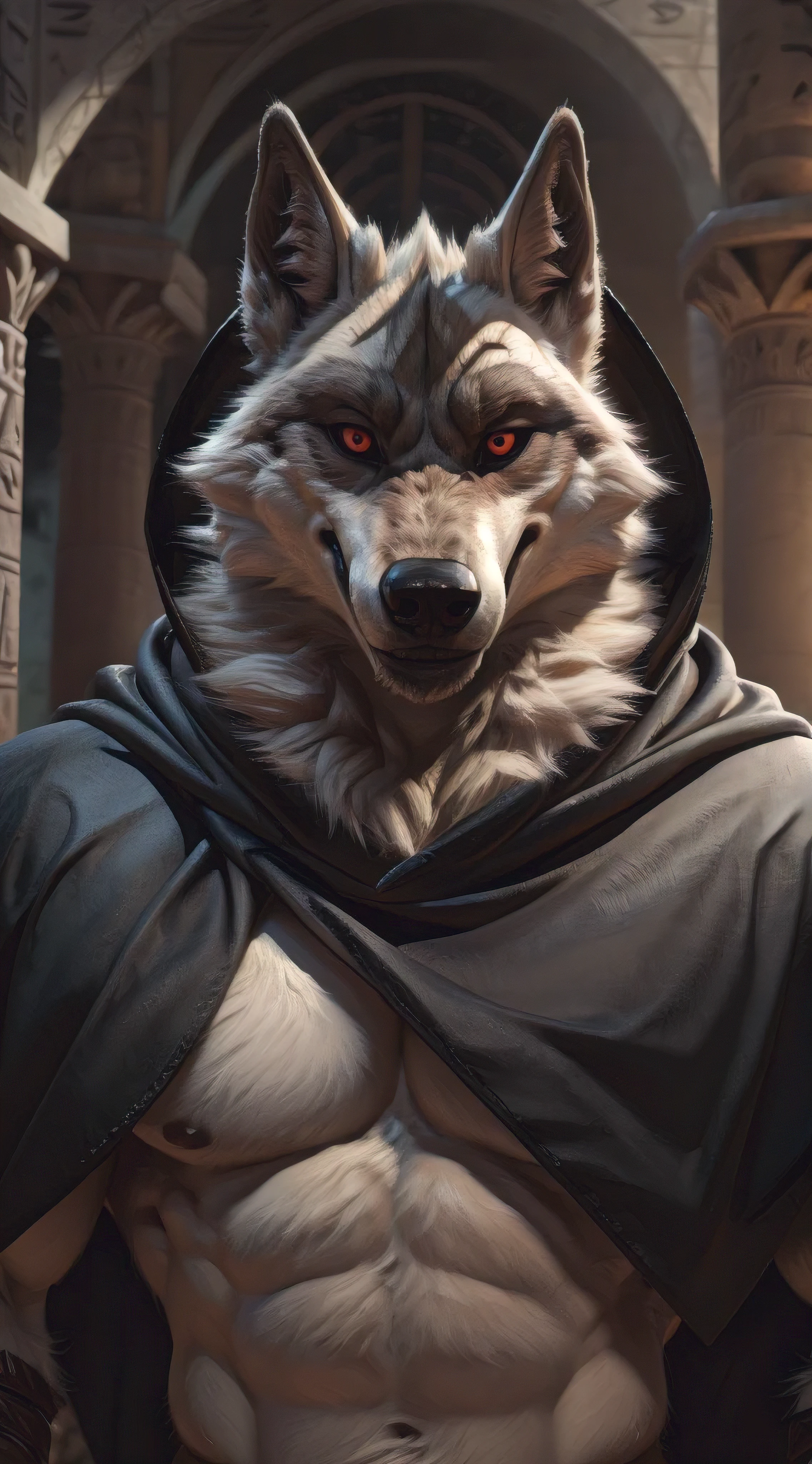 suggestive content, highres, super high resolution, beautiful details, beautiful eyes, depth of field, solo focus, detailed background, high quality, good lighting, high res, (((masterpiece))), 8k, depth of field, ray tracing, detailed background, great lighting, detailed face and body, detailed lighting, [cinematic lighting], [backlighting], [detailed ambient light], [gray natural lighting], [sharp focus], solo,
Deathwolf, Death Wolf, death_(_in_boots), black sclera, red eyes, male anthro wolf furry, canid, canine, werewolf, muscular, hunk, handsome, , beefcake, stud, seductive expression,
(Standing in an egyptian palace castle), (close up, extreme close up), (headshot):1.3, (wearing black poncho, black cloak),
(detailed fluffy fur, fluffy, detailed fur):1.2, [tuft, neck tuft, neck fluff, tufted fur, fur tuft, inner ear fluff],
by darkgem, by honovy, by spectrumshift, by tarakanovich, by zourik,