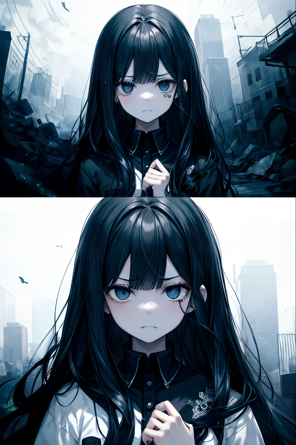 highest quality、highest quality、8K、ultra high resolution、highest quality、Super detailed、perfect face、very detailed、very delicate、1 girl, ((alone))、(I was scared), Gorgios、 dark,Soft bristles、straight long hair、long hair((Black hair and、dark blue hair))、((black eye)),black long sleeve shirt、 close your mouth、contrast, shadowy,digital art, serious eyes, detailed face、fine eyes、detailed background、 dark背景, Based on white and black、black liquid、sickness、darkness、Diagonally downward、1 person、((Sad face))