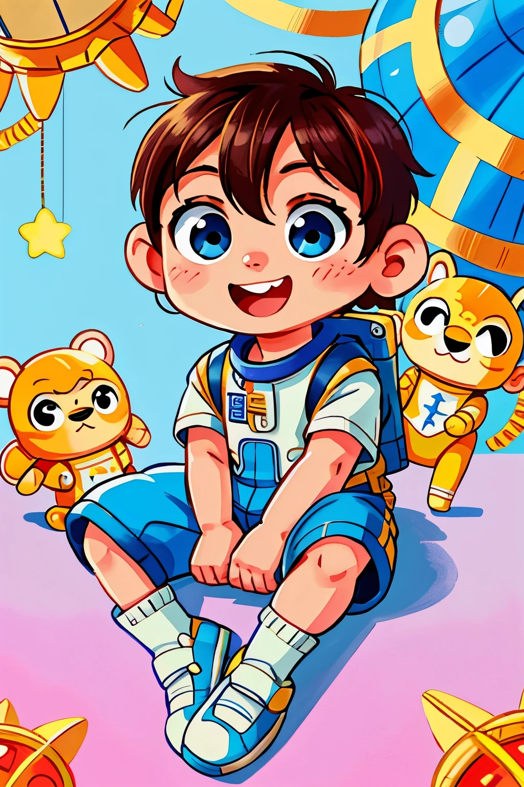 A boy, wearing astronaut outfit, full body, sitting cross-legged, happy, perfect quality, clear focus (chibi style) (best quality) (intricate details) (8K) (detailed eyes) (sharp focus) ( happy)