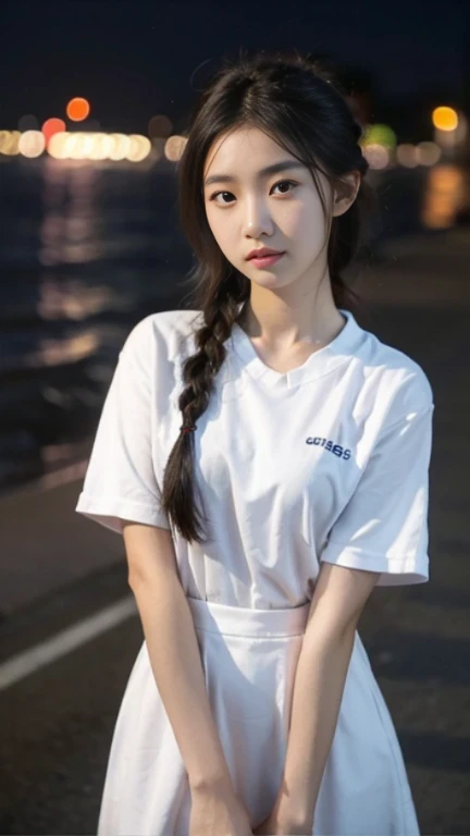 First-person perspective,A Chinese female high school student,at the seaside，night，braid，Lovely