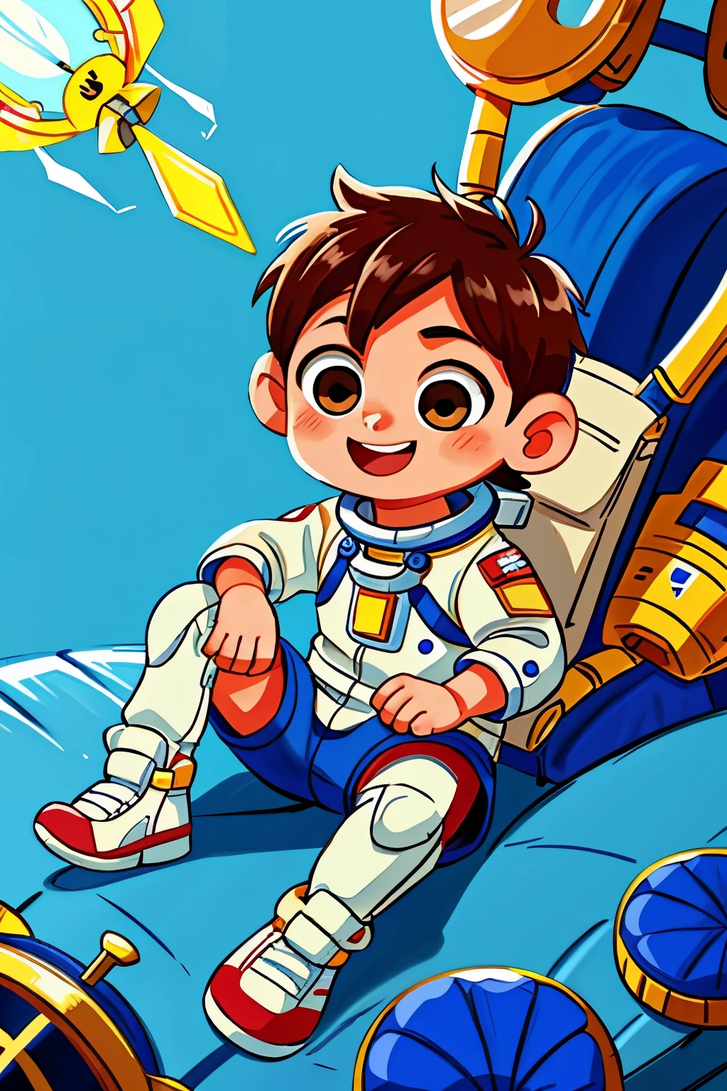 A boy, wearing astronaut outfit, full body, sitting cross-legged, happy, perfect quality, clear focus (chibi style) (best quality) (intricate details) (8K) (detailed eyes) (sharp focus) ( happy)