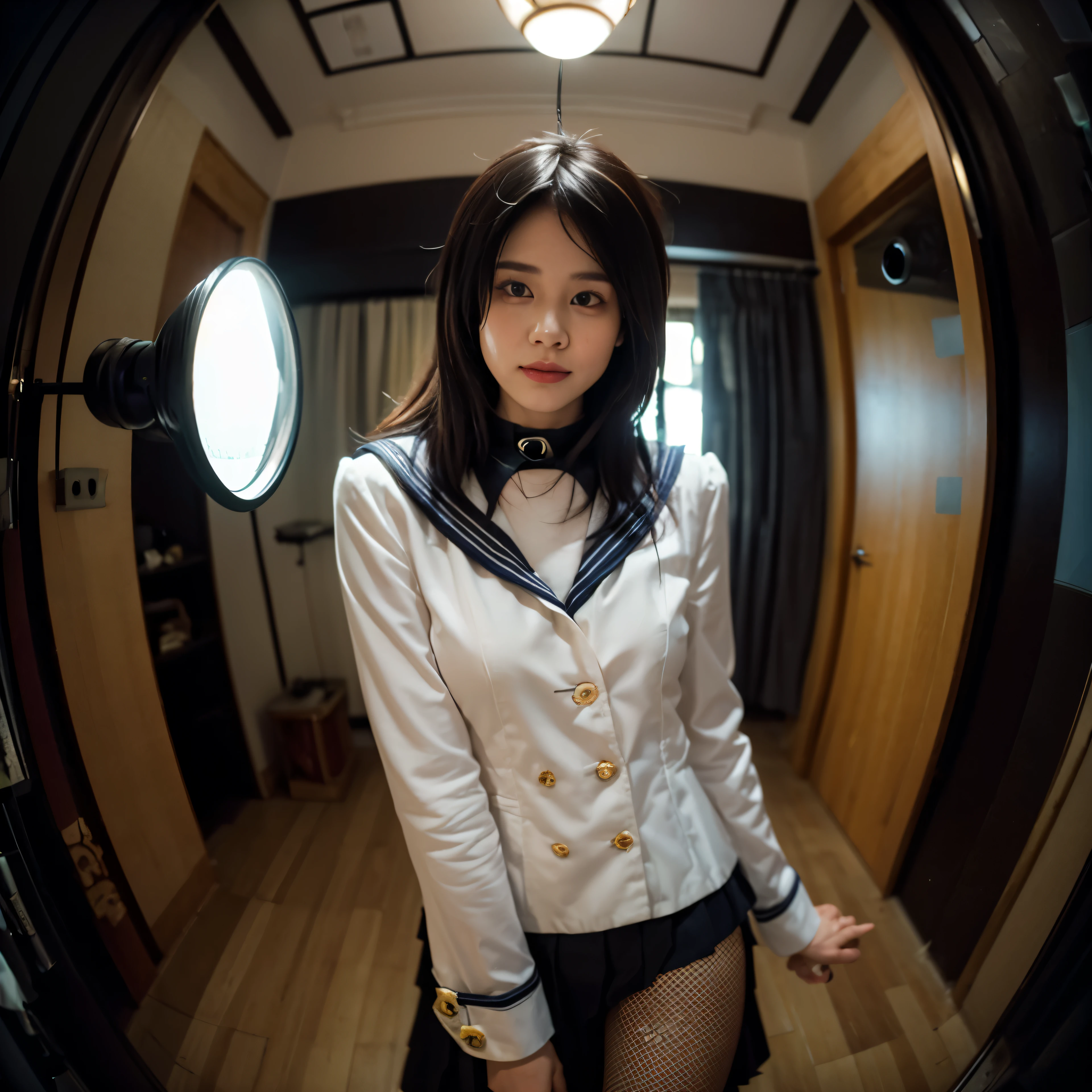 ((Photographed through a fisheye lens:1.75))(Sailor suits and skirts:1.4)(geisha-like girl,) (wearing fishnet tights,) (with medium length haircut,) (in a dimly lit room) (There is only a single bed,) (do something revealing about yourself,) (At night,) (highest quality, High resolution, realistic:1.2) (Super detailed, bright colors:1.4) (Painting-like rendering, No additional details about the room) (erotic, enchanting atmosphere:1.55)