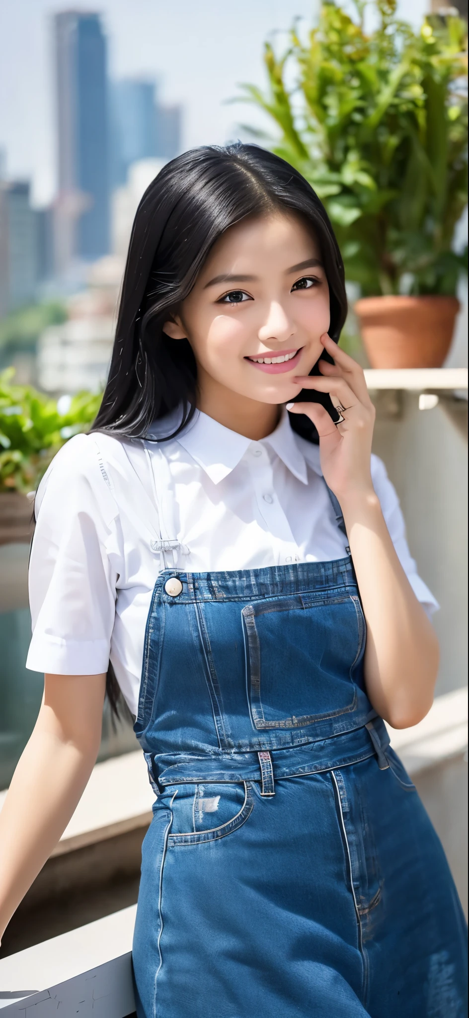1 girl, indonesian girl, 23 years old, (black hair super-long 1 meters), (very beautiful face, very sweet, sharp eyes like an angel from heaven
), (beautiful hair), actress, smile, shiny skin, best quality, masterpiece, (photorealistic:1.4), terrace seating, asian, indonesian, jakarta, denim long skirt (realistic fabric), white short sleeves (cotton fabric), (no logo), thin fingers