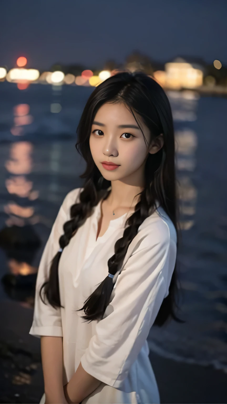 First-person perspective,A Chinese female high school student,at the seaside，night，braid，Lovely