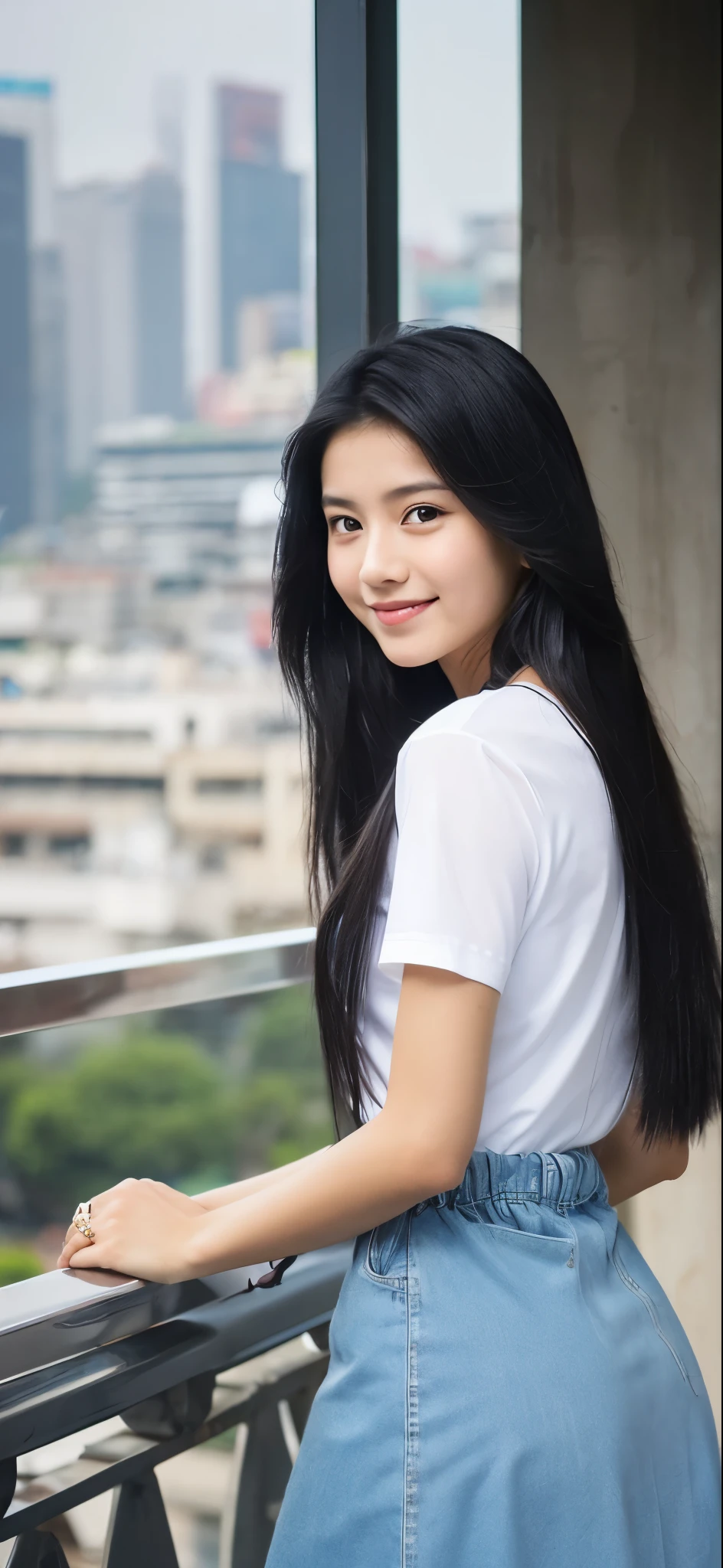 1 girl, indonesian girl, 23 years old, (black hair super-long 1 meters), (very beautiful face, very sweet, sharp eyes like an angel from heaven
), (beautiful hair), actress, smile, shiny skin, best quality, masterpiece, (photorealistic:1.4), terrace seating, asian, indonesian, jakarta, denim long skirt (realistic fabric), white short sleeves (cotton fabric), (no logo), thin fingers