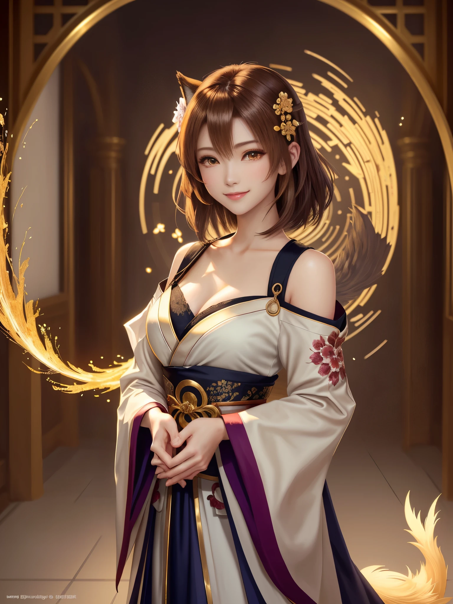 masterpiece , best quality,smile,smile,small face,shoulder exposure,golden kimono,less cleavage exposure,light brown hair,beautifully curled hair,slender body shape,brown eyes,Contrast faithfully reproduced,short hair,Beautiful short hair,Berry Short,short cut hair,just one person,precision quality,A faithful reproduction of the human eye, The surroundings are shining gold,golden aura around the body,golden shining background,masterpiece,night,nightの背景,golden background,cherry blossom background,beautiful details, colorful, delicate details, delicate lips, intricate details, genuine, ultrargenuineista, 枝に座っている色とりどりの髪のFoxを持つ女の子:Mature, bright eyes, ,色とりどりのFox, raposa de nine tails, 三尾Fox, 三尾Fox, onmyoji detail art, beautiful fine art illustration, mythical creatures, Fox, beautiful digital art,shrine maiden,hold hands,exquisite digital illustration, mizutsune, Inspired by mythical wild web creatures, pixiv in digital art, shining light, high contrast, Mysterious,