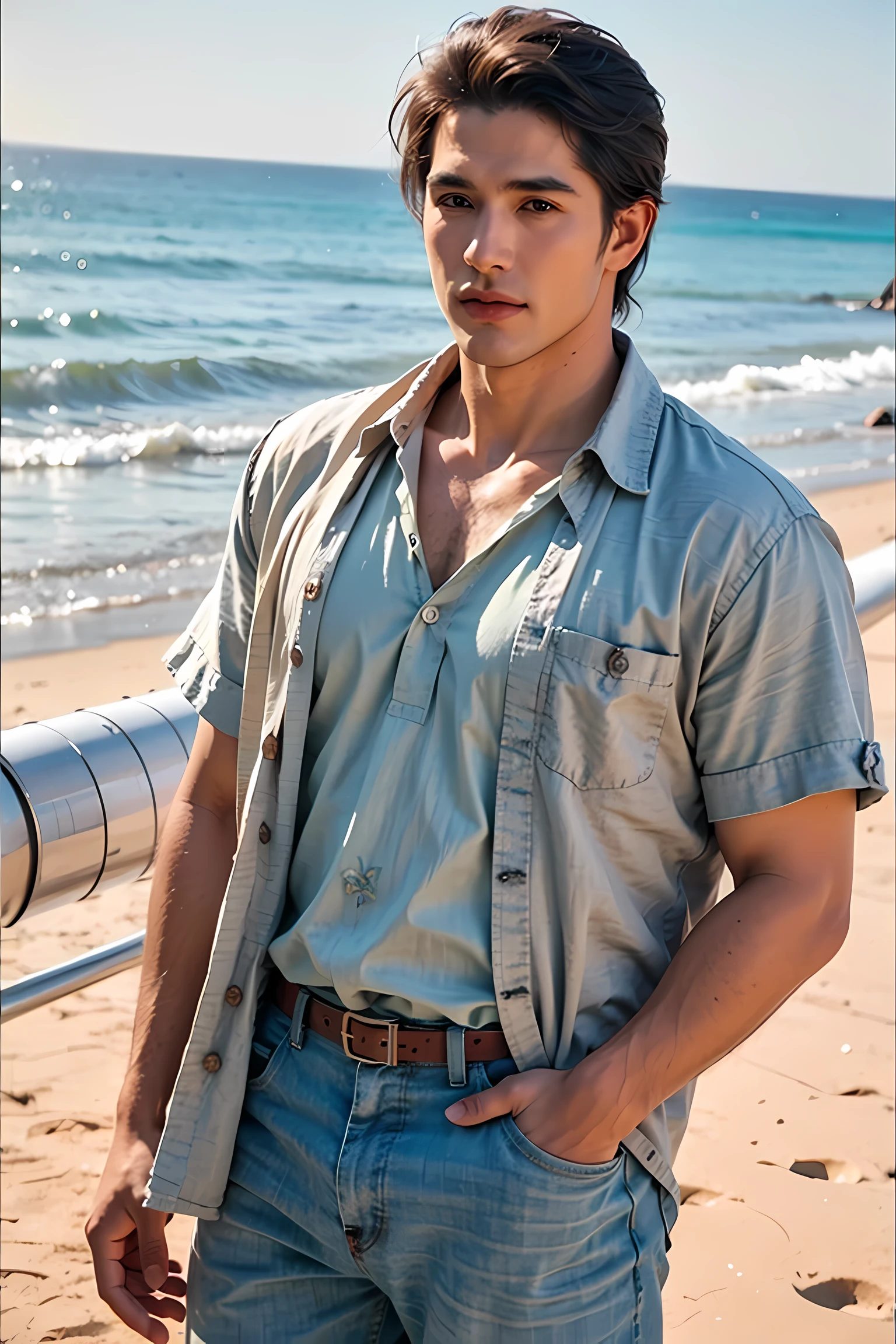 Realistic photography, Handsome elderly man ,beach