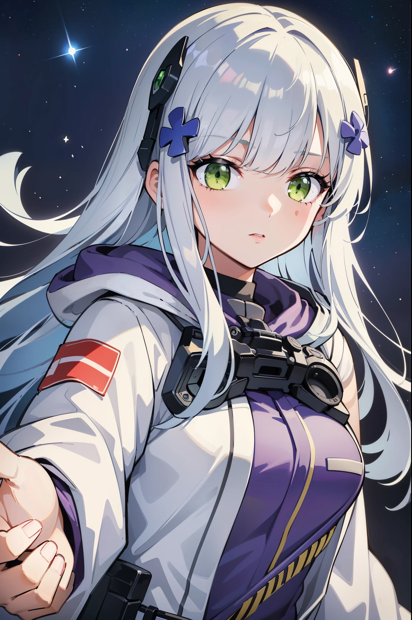 (best quality:1.3), (masterpiece:1.3), (illustration:1.3), (ultra-detailed:1.3), (imid shot:0.9), 1girl, Long hair, white hair, ((green eyes)), purple hoodie, looking at viewer, white jacket, medium breasts, HK416Clukay, upper body, night sky, stars, white gloves, 