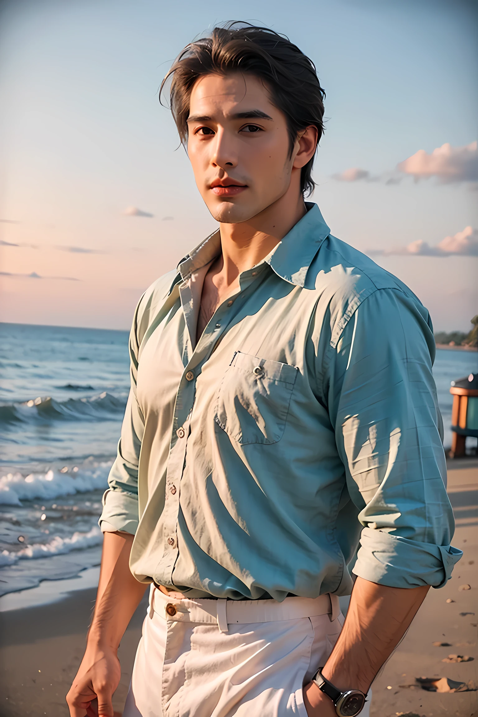 Realistic photography, Handsome elderly man ,beach