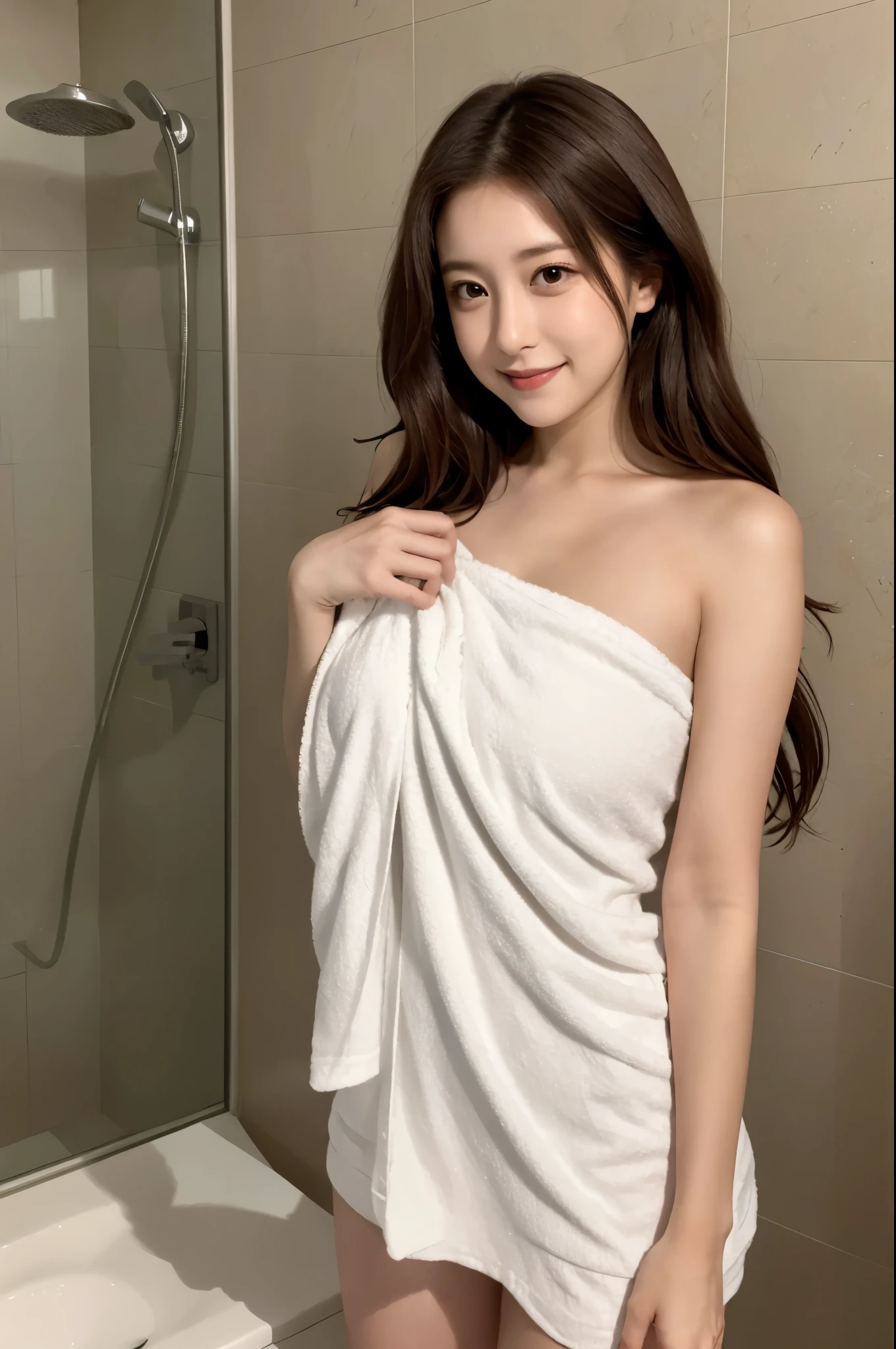 ulzzang-6500-v1.1, (Raw photo:1.2), (Photoreal), (genuine: 1.4), Stunningly beautiful woman wrapped in a towel in the bathroom, Yoshitomo Nara, Ayami, A towel wrapped around the body, a teasing smile, 27 years old, friendly and seductive smile, yasumoto oka, Beast, 28 years old, an extremely delicat, 29-year-old, nishimiya shouko, japanese goddess