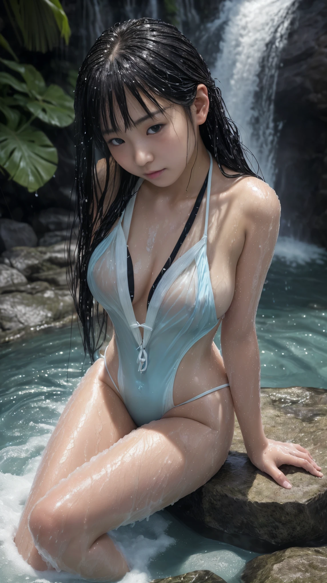 最high quality、high quality、best image quality、8K、最High resolution、High resolution、最high quality、masterpiece、Raw photo、whole body写真、Realistic human body in every detail、Realistic skin in every detail、Realistic face in every detail、Realistic eyes down to the details、Realistic lips in every detail、Realistic teeth in every detail、Realistic ears down to the last detail、Realistic hair down to the last detail、Realistic arms down to the last detail、Realistic reproduction of every detail、Realistic fingers in every detail、(fine hands、thumb1reference4)、Realistic feet in every detail、Realistic feet in every detail、Realistic breasts down to the last detail、((beautiful japanese girl))、(japanese model), (japanese woman)、((18 year old beautiful girl))、(black hair)、(straight hair)、((whole body))、((beautiful upturned chest))、(stylish slim style)、(whole body光沢肌、Fair skin)、Detailed and realistic human body、detailed realistic skin、detailed realistic face、detailed realistic arms、detailed realistic fingers、Detailed realistic feet、detailed realistic breasts、soft natural light、jungle with waterfall、waterfalls of different heights、big waterfall、waterfall with force of water、((Stand with one leg raised on the rock in front of the waterfall(背景にbig waterfallが見える))、((See-through when wet(V high cut slingshot swimsuit))、((bathe in waterfall water(Soaked skin from head to toe))、((Water dripping from the skin))、((V high cut slingshot swimsuitが濡れて肌に張り付く))、((濡れたV high cut slingshot swimsuitの上からでもボディラインがくっきりわかる))、((V high cut slingshot swimsuitから滴る水))、sexy pose、angle from below