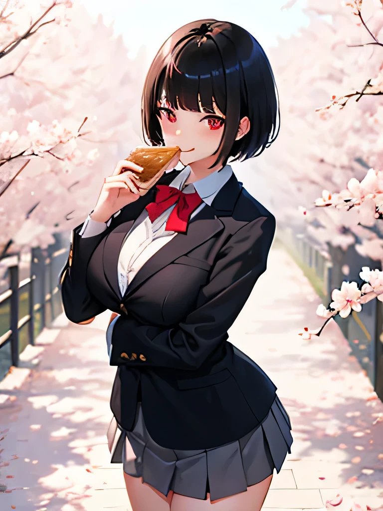 girl,
black hair,
short hair,
dull bangs,
red eyes,
smile,
big breasts,
looking at the viewer,
From above,
whole body,
blazer,
Cherry tree,
put toast in mouth,