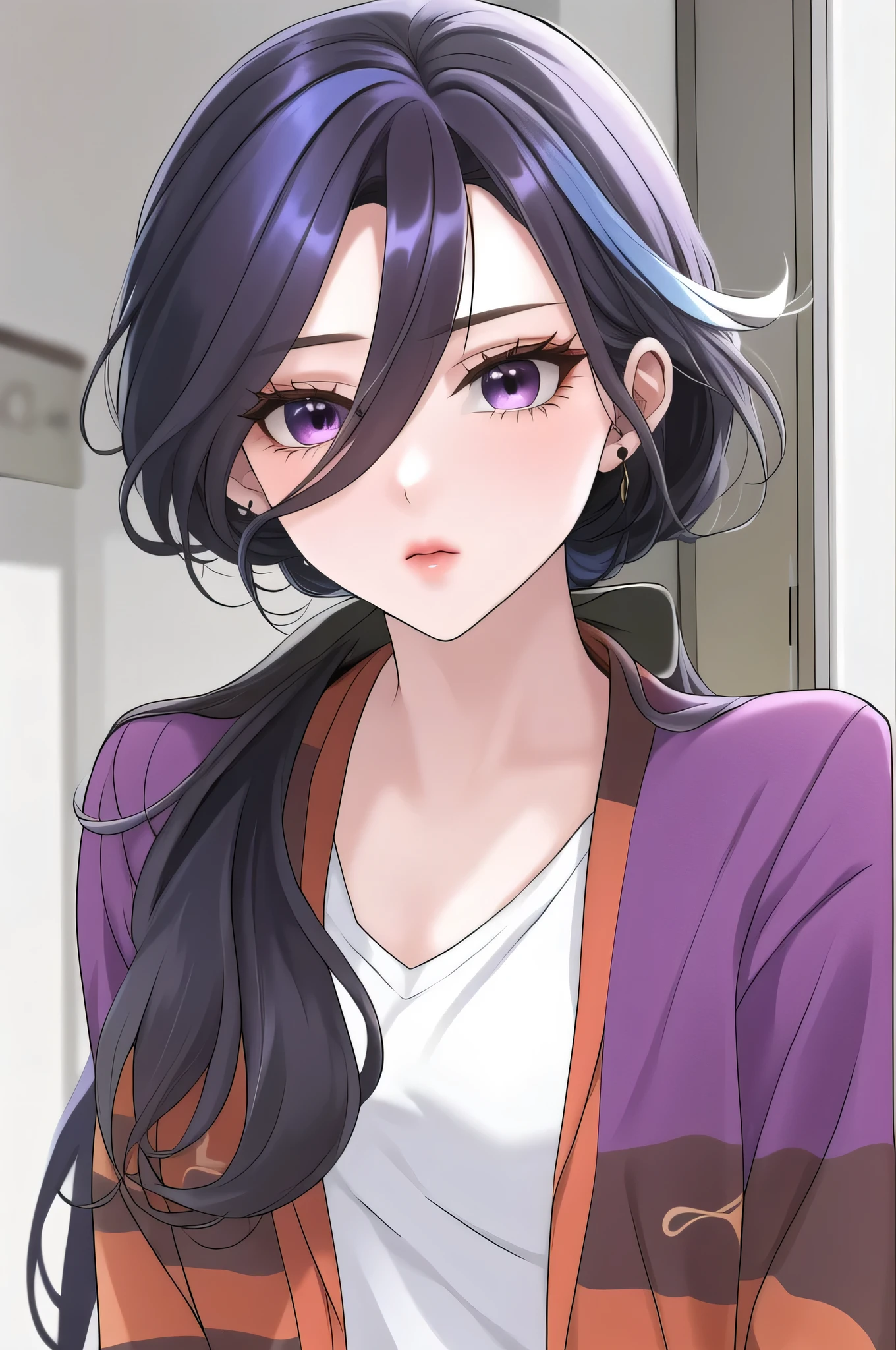 masterpiece, best quality, high quality, highres, absurdres, ultra-detailed, best anatomy, detailed eyes, perfect eyes, slim body, slim legs, akito_agito, long hair, purple eyes, eyepatch, purple hair, 1girl, solo, orange hoodie, baggy pants, white pants, very small breasts, black sneakers, upper body, portrait, Pretending to struggle with an invisible wind,
