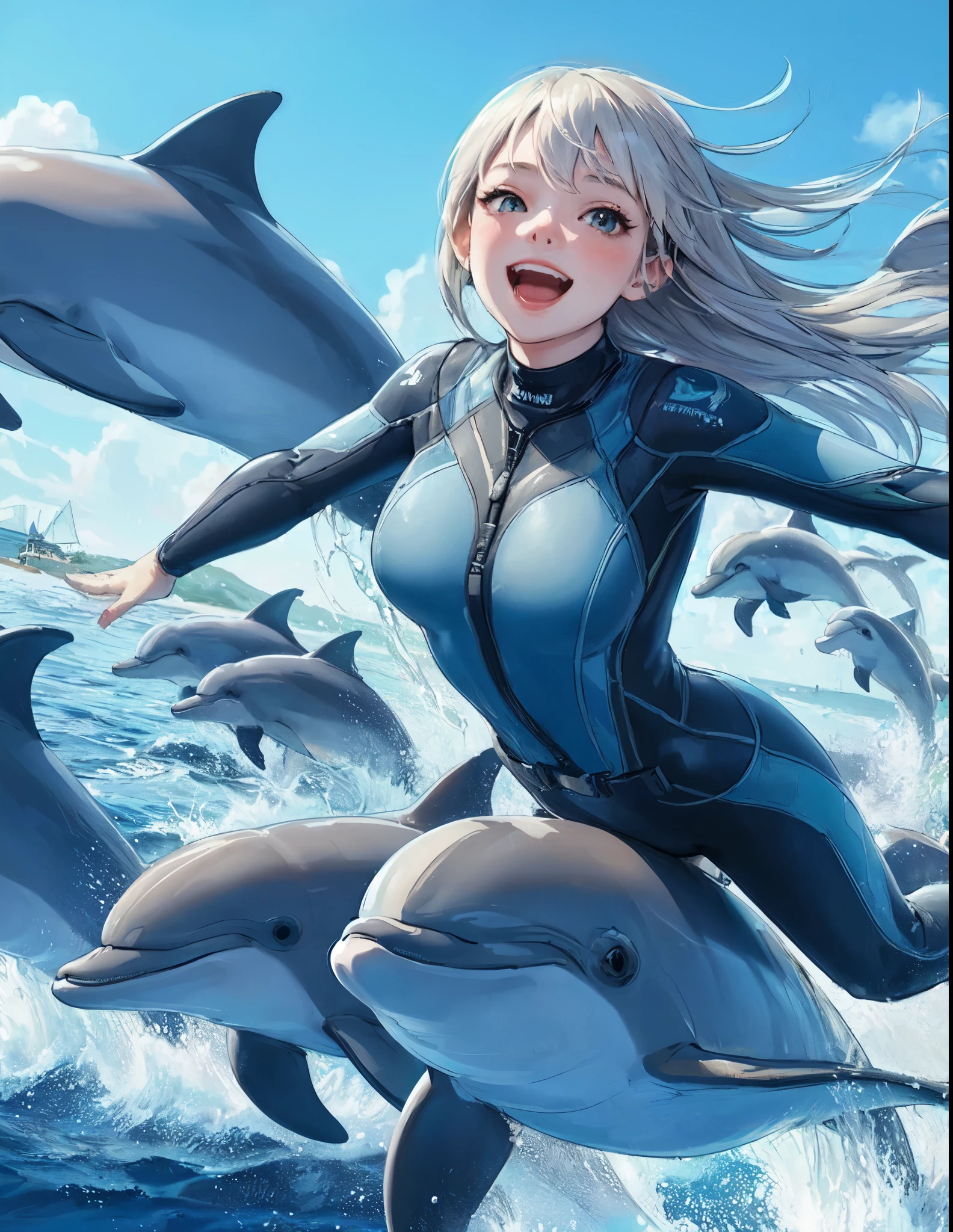 1lady solo, (riding a dolphin:1.2), (dynamic posing), (wetsuit) stylish, mature female, /(white beige hair/) wind, blush happy smile, (open mouth) (teeth:0.8), (masterpiece best quality:1.2) delicate illustration ultra-detailed, medium breasts BREAK (dolphins leaping and dancing:1.2), (realistic dolphin), splash BREAK /(vast ocean/) outdoors, dolphins, sea surface, blue sky, noon, detailed background