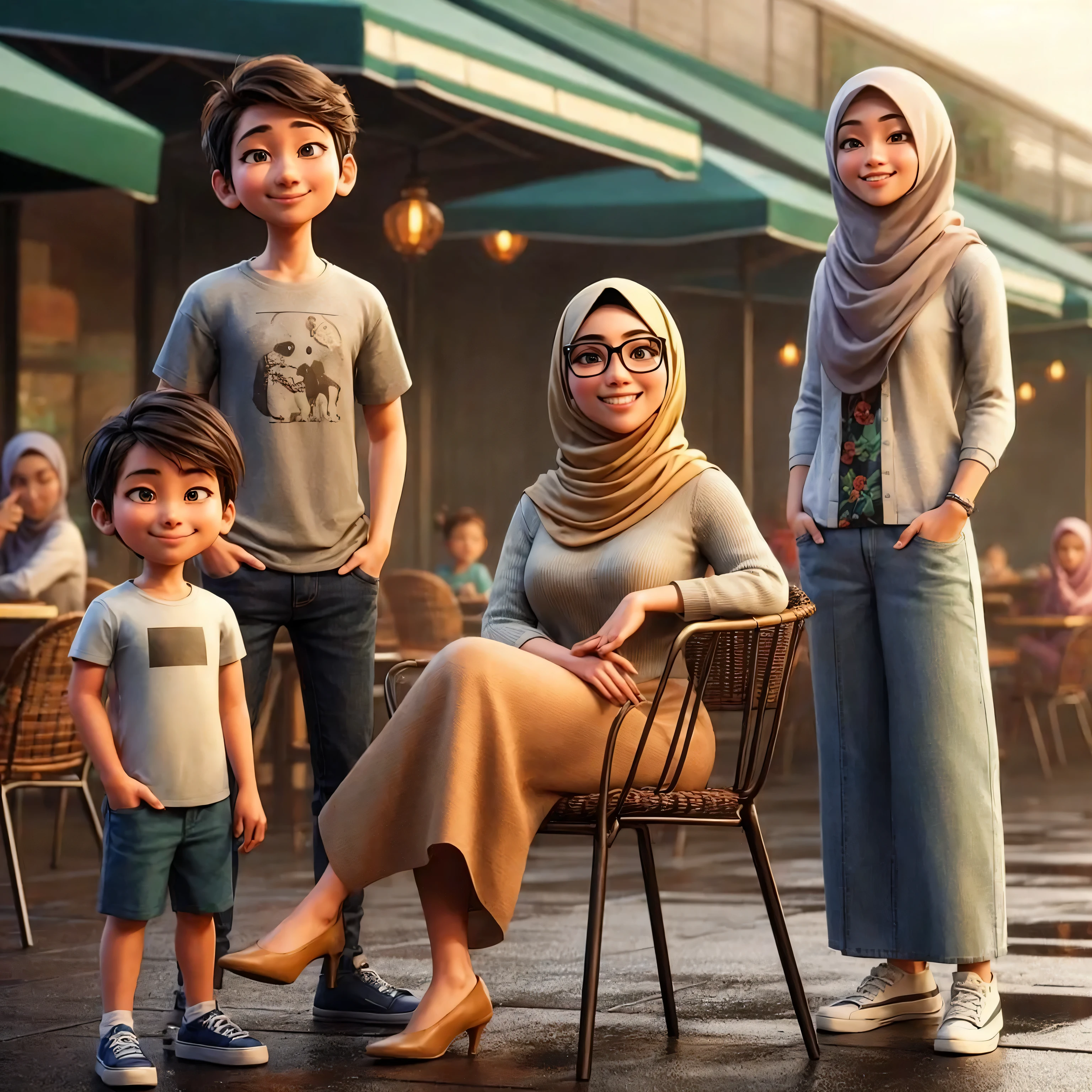 buatkan gambar karikatur 3D disney pixar sebuah keluarga yang terdiri dari seorang ibu berusia 40 tahun memakai hijab berkacamata duduk di kursi dan disamping kanan ibu berdiri anak laki laki berusia 5 tahun memakai pakaian casual, dibelakang ibu berdiri seorang anak laki laki berusia 15 tahun memakai t-shirt casual celana jeans dan seorang anak perempuan berusia 17 tahun memakai rok panjang dan berhijab, latar belakang cafe outdoor, suasana mendung, cinematik, sangat detil, ultra HD, 