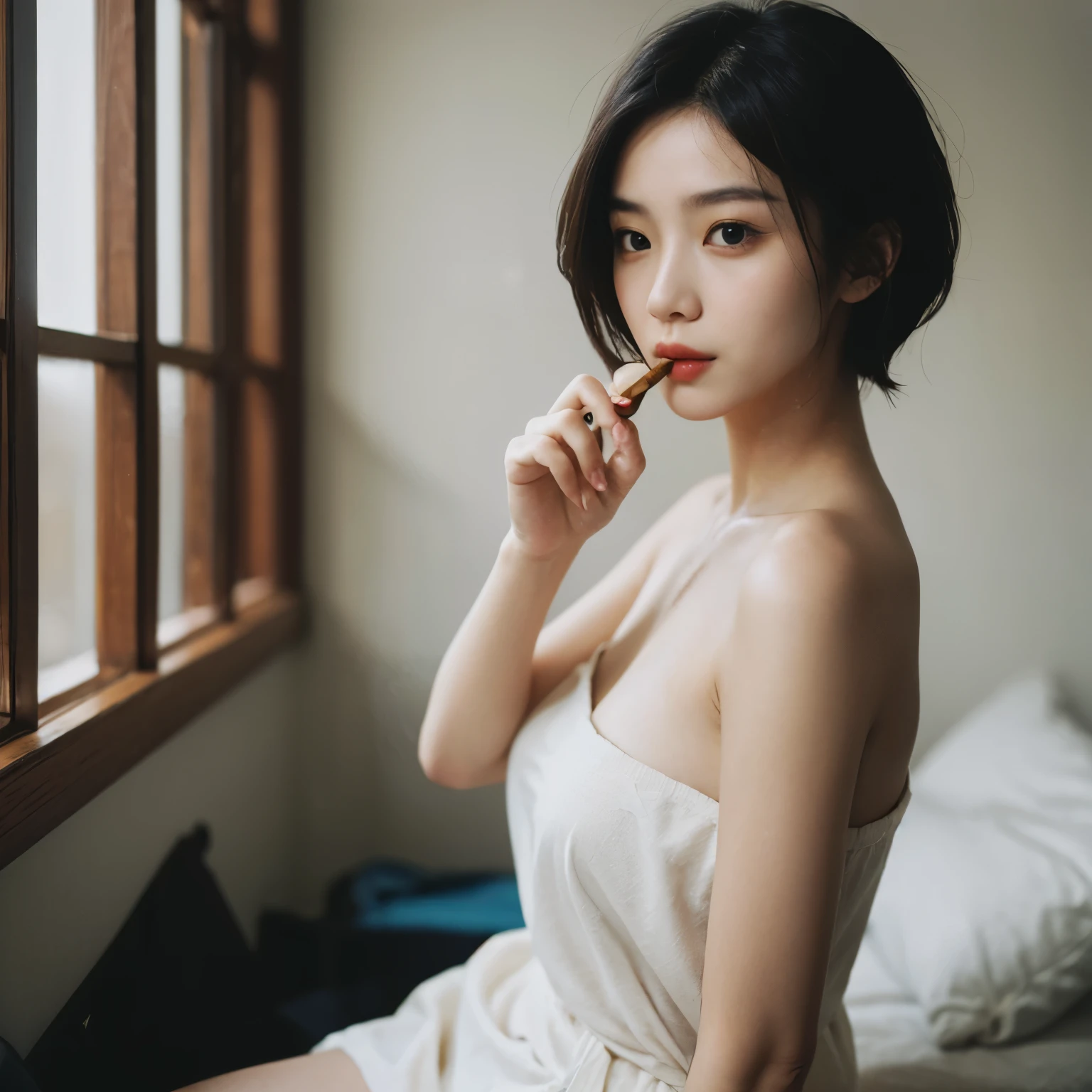 Best quality, masterpiece, ultra high res, (photorealistic:1.5), raw photo, 1girl smoking, naked and covered up with blanket , in the room with open windows, light shadow, low key, warm light, sexy look, short hair, asian face, Chinese face, (cigarette on mouth, smoke from cigarettes: 1.2) smoking, (perfect detailed cigarettes with dark yellow filter) (perfect detailed cigarettes) cigarette, cigar on the mouth, cigar on the mouth, (cigar on the mouth: 1.4), real person with white bright skin, cold flat eyes, tired eyes, cool eyes, looking to the windows 