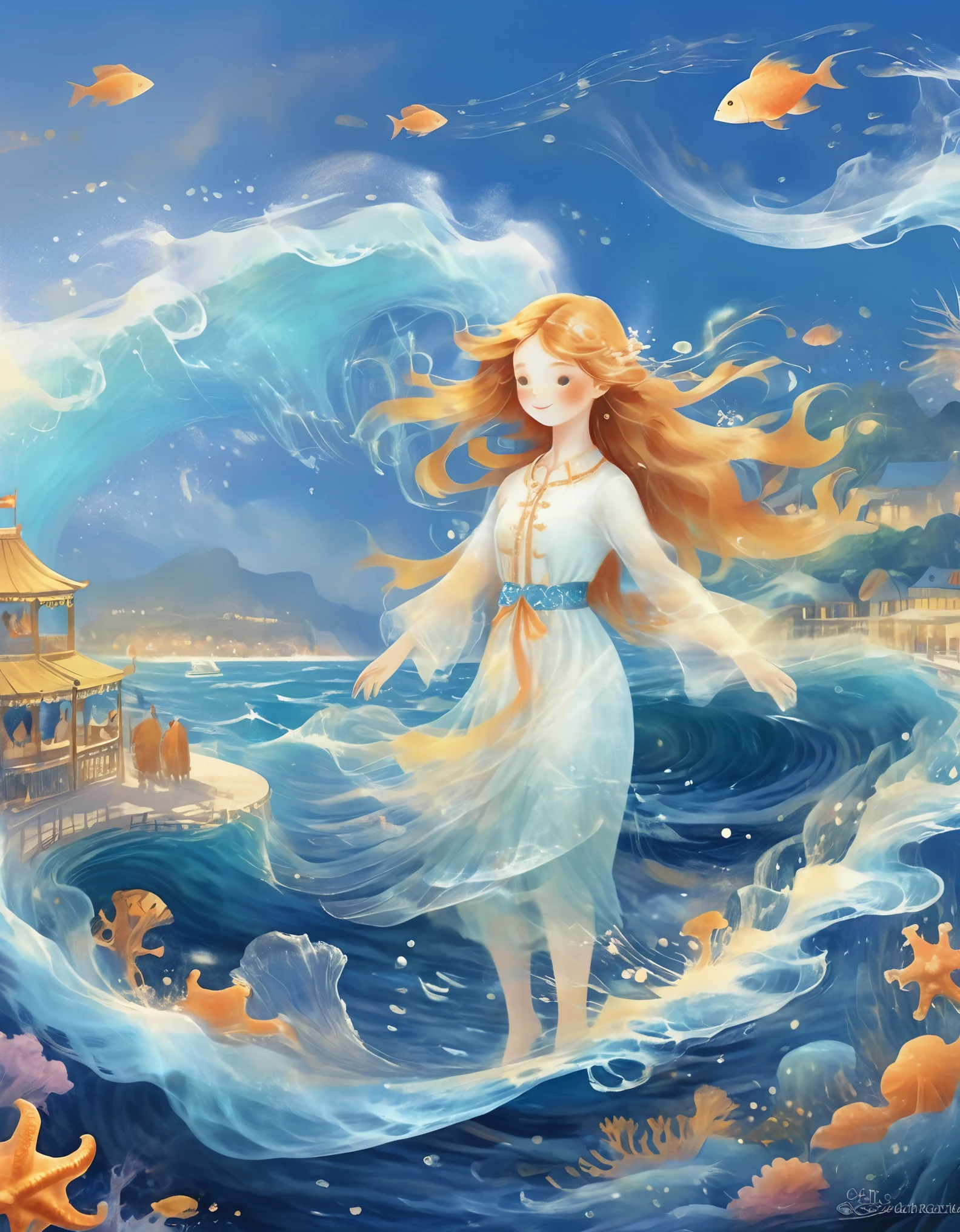 Digital illustration art, a beautiful girl dancing in the waves, twirling, undulating, extra long hair decorated with blue waves, coral, starfish, jellyfish, small fish and other comical illustrations, (full body), her hair consists of many waves and small fish, starfish, etc., in the background is the sea and boats, blue moon, small crabs, (the background is blended with the girl's hair), opens up to the musical glamor of the enchanting ocean, white background, Chinese calligraphy's, glittering, reflective, optimal digital, 8K, high-definition, high-resolution, double-exposure, beautifully digital illustration,
