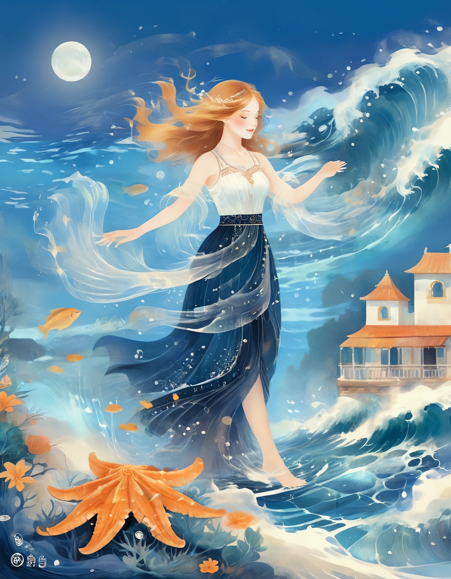 Digital illustration art, a beautiful girl dancing in the waves, twirling, undulating, extra long hair decorated with blue waves, coral, starfish, jellyfish, small fish and other comical illustrations, (full body), her hair consists of many waves and small fish, starfish, etc., in the background is the sea and boats, blue moon, small crabs, (the background is blended with the girl's hair), opens up to the musical glamor of the enchanting ocean, white background, Chinese calligraphy's, glittering, reflective, optimal digital, 8K, high-definition, high-resolution, double-exposure, beautifully digital illustration,
