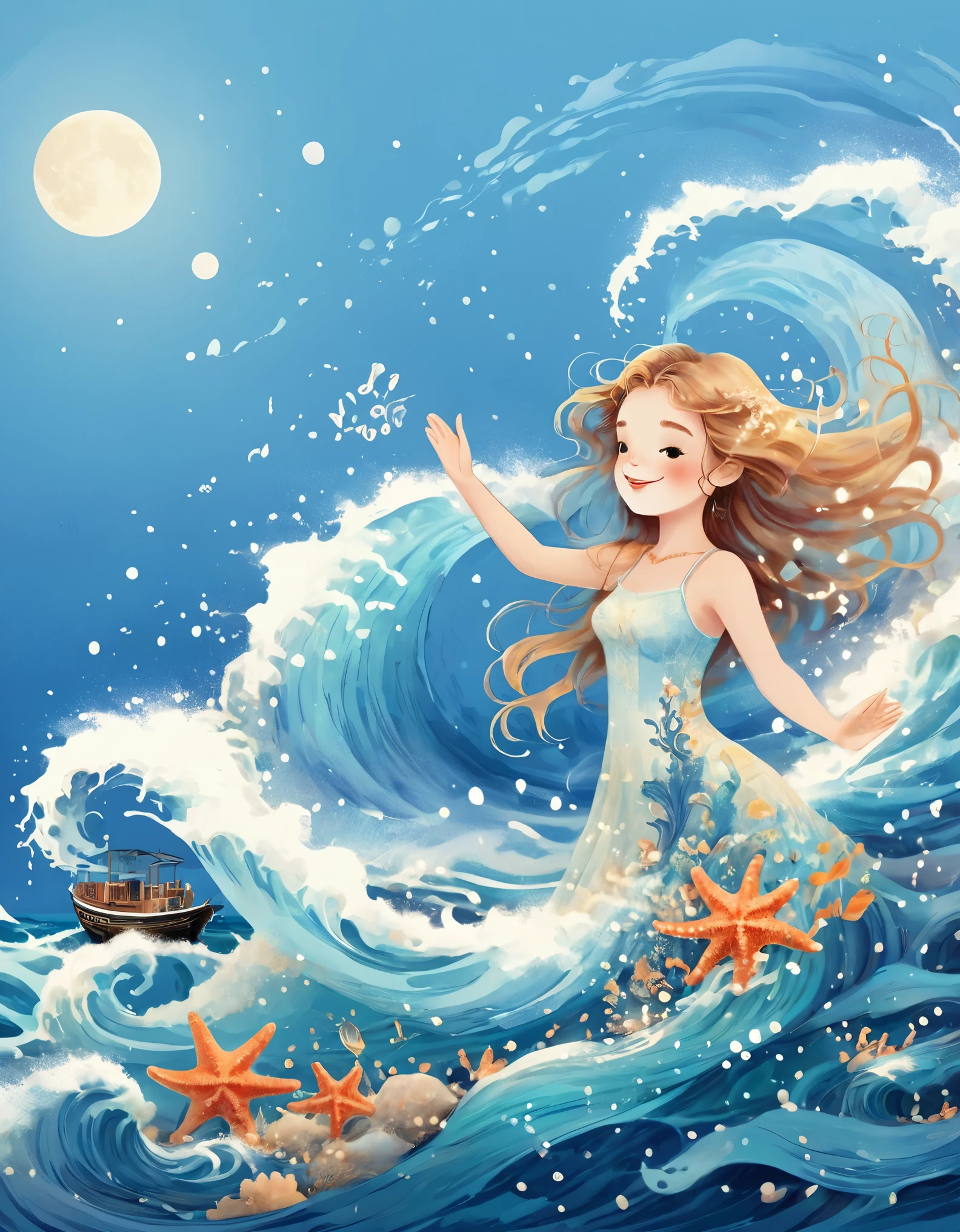 Digital illustration art, a beautiful girl dancing in the waves, twirling, undulating, extra long hair decorated with blue waves, coral, starfish, jellyfish, small fish and other comical illustrations, (full body), her hair consists of many waves and small fish, starfish, etc., in the background is the sea and boats, blue moon, small crabs, (the background is blended with the ***********'s hair), opens up to the musical glamor of the enchanting ocean, white background, Chinese calligraphy's, glittering, reflective, optimal digital, 8K, high-definition, high-resolution, double-exposure, beautifully digital illustration,in style of poster design, beautiful detailed