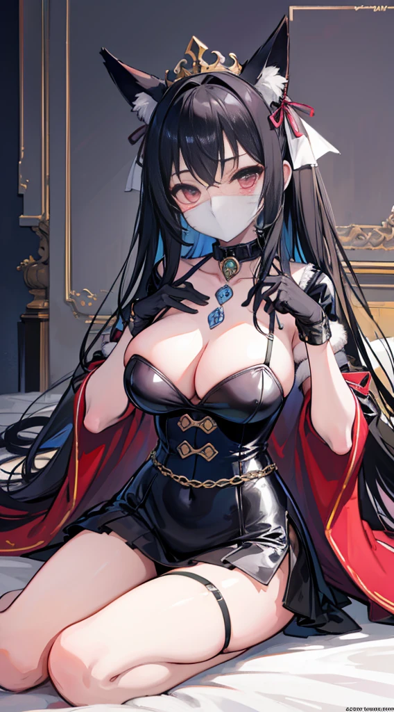 high quality, masterpiece, super detailed, 1 girl,  extremely detailed faces, Gagging，Gagging，Christmas black latex bunny girl，black gloves，black christmas stocking tiara，Gagging，mad,handcuffs，collar，Calm expression,Smile，handcuffs，collar，long black hair, charming pink eyes, fox ears, Ridiculously big, skin shiny, sitting on bed，Cover your chest with your hands，bright bedroom