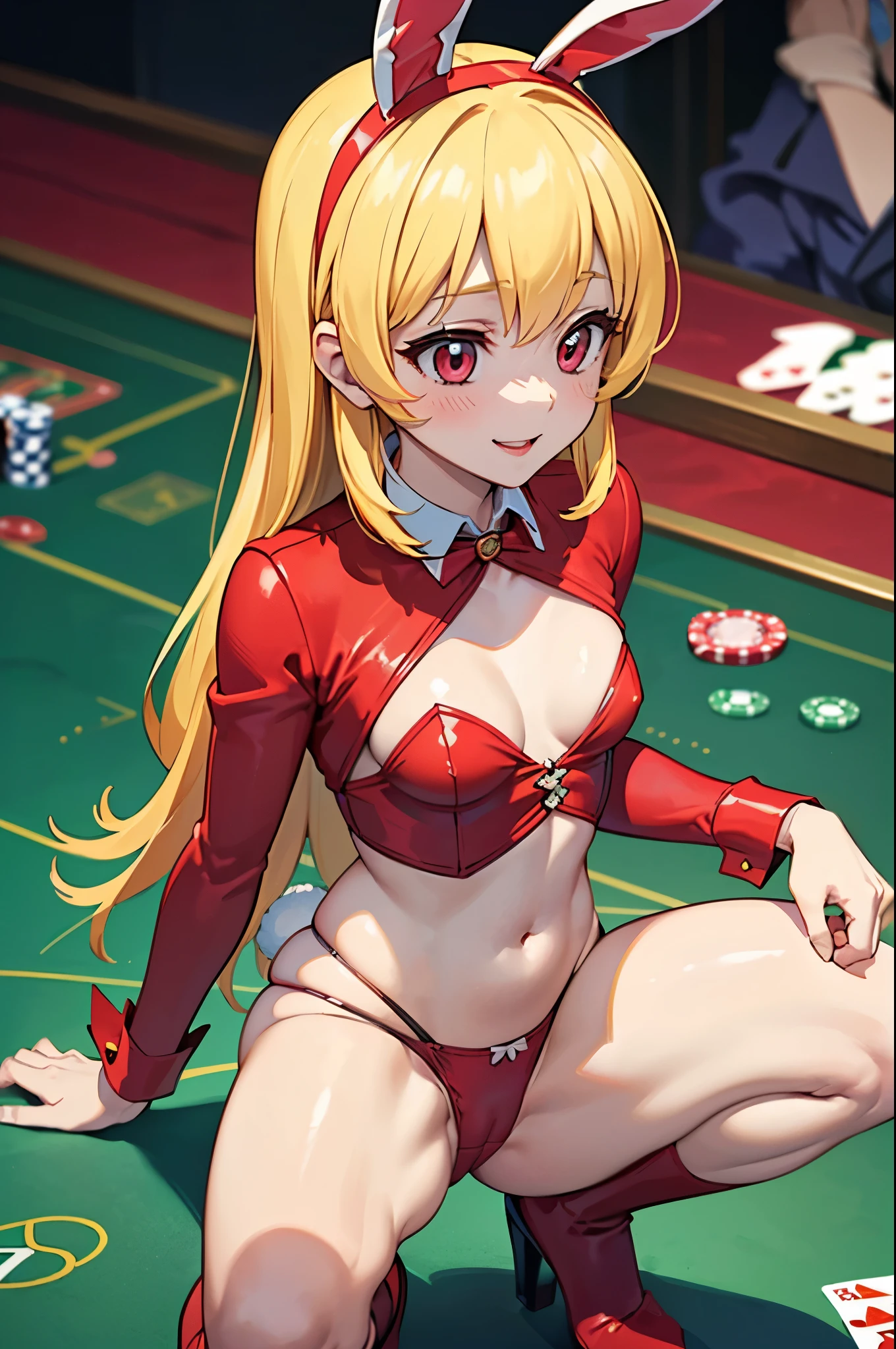 Highly detailed illustration, super cute and beautiful lady,long sleeves, detached collar, breasts_out, navel, (no_panties:1.3), (pasties, maebari:1.1), (reverse RED bunnysuit:1.3), show off stomach, (((Small titis))), beautiful blush((((ecstatic))))smlie face and eyes, Blonde hair, ((((casino room)))),(groin super close up:1.5,big_panties:1.5,big_comeltoe:1.3,big_thighs:1.3,big_groin:1.3),from below,squatting,panty_shot,