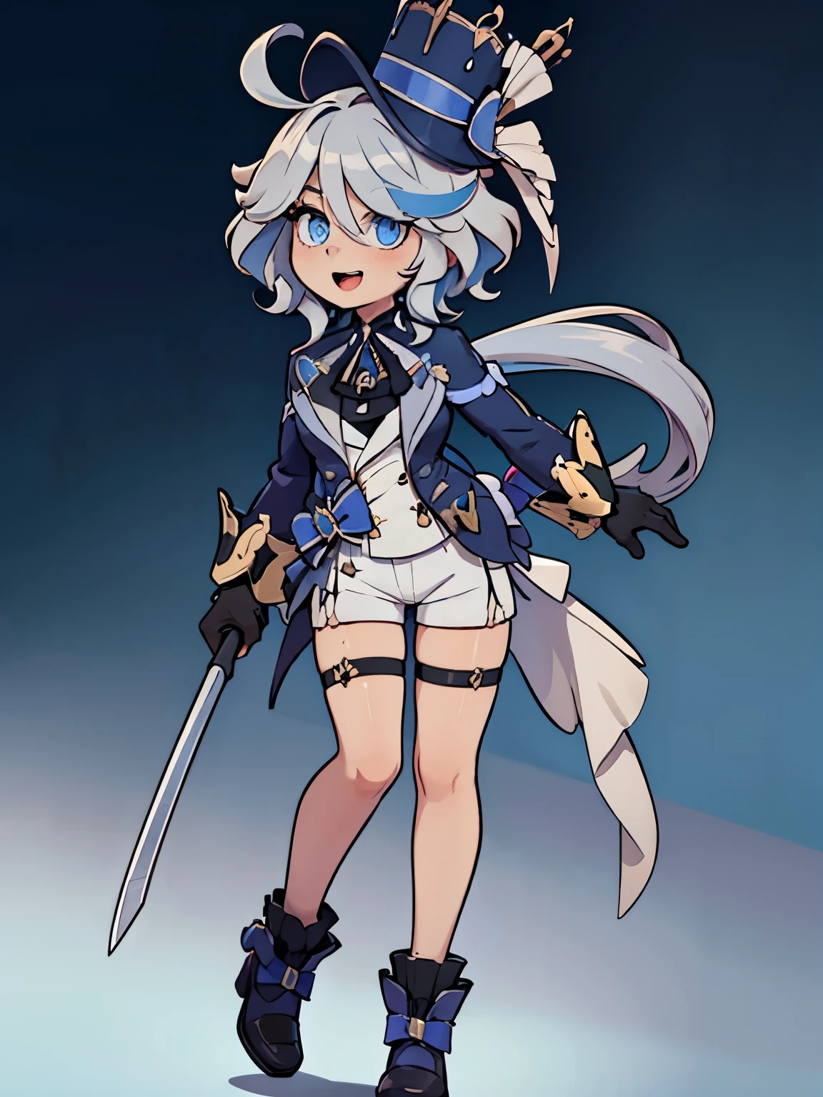 1girl ,:d ,ahoge ,ascot ,asymmetrical gloves ,black footwear ,black gloves ,blue ascot ,blue eyes ,blue headwear ,blue jacket ,brooch ,cane ,concealed weapon ,day ,drop-shaped pupils ,full body ,gloves ,grey hair ,hair intakes ,hat ,hat tip ,heterochromia ,high heels ,holding ,holding cane ,holding clothes ,holding hat ,jacket ,jewelry ,long hair ,long sleeves ,looking at viewer ,low twintails ,mismatched gloves ,open clothes ,open jacket ,open mouth ,outdoors ,shadow ,shorts ,smile ,solo ,sword cane ,symbol-shaped pupils ,thigh strap ,top hat ,twintails ,weapon ,white gloves ,white shorts