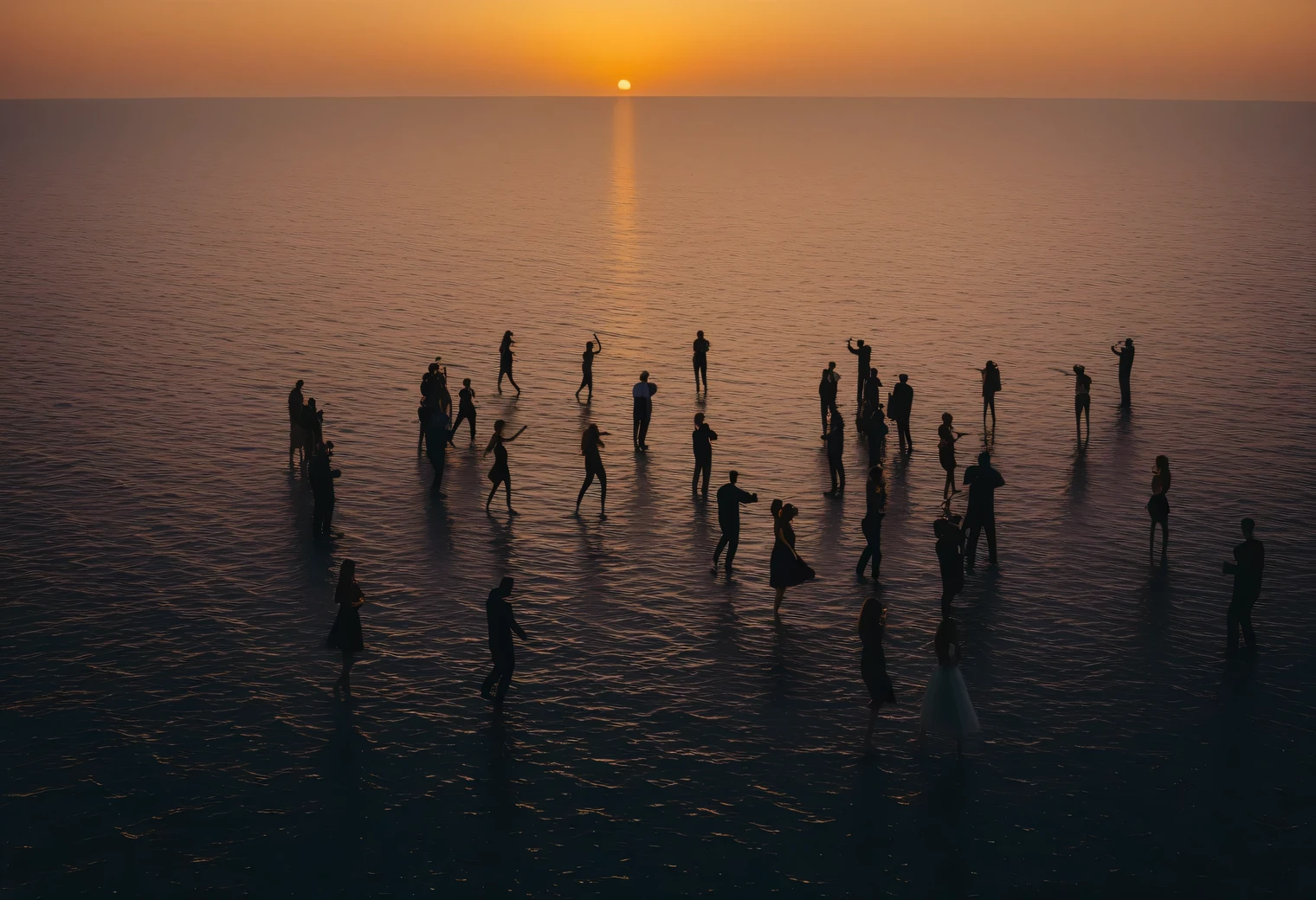 People dancing on the surface of the sea, on the surface of the sea there is a large continuous plane of the dance floor, many people dancing on the dance floor, muted evening colors of a sea sunset, Distant horizon, Dual perspective, fantasy