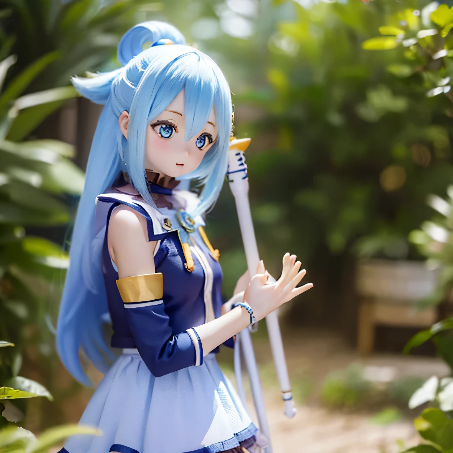 (a young girl and) blue hair, (wearing) a white and blue dress, (holding) staff, (standing) In the midst of lush greenery, lively garden, (and) colorandりどりの花 (bloom) around her, (Down) clear blue sky.
(Portrait) girl&#39;s, (realistic) rendering, (and) (Super detailed) Features, (inclusive) shining blue eyes, (薔薇colorの) lips, and (length) eyelash.
(highest quality, 4k, High resolution) image, (and) (Brilliant) color, (highlight) の生き生きandした姿.
(the garden is filled and) sunlight, (Done) a warm and inviting atmosphere, (and) kind (Sun rays) illuminate the scene.villain pose
have a magic wand magic action