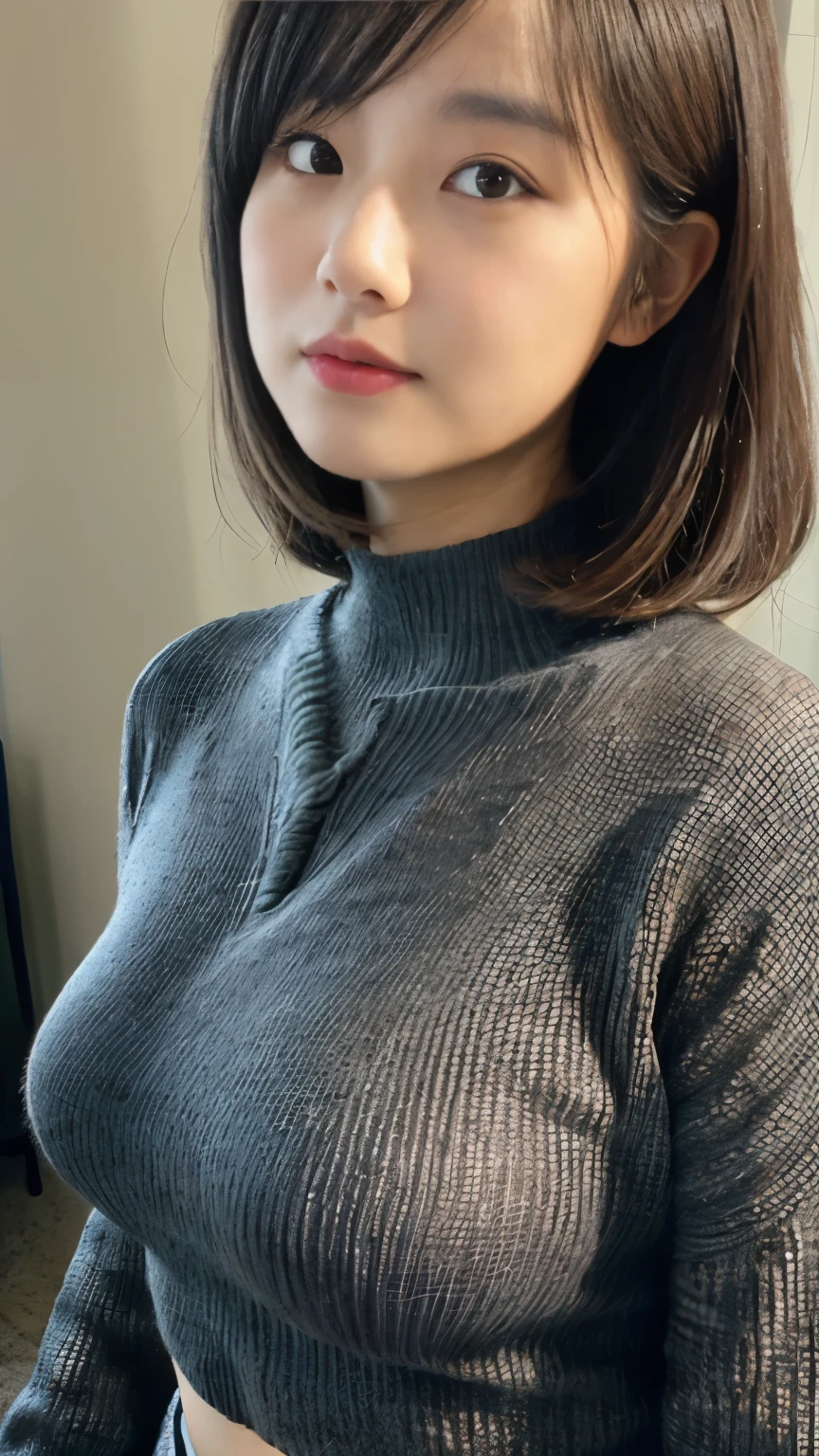 (((1girl)))((best qualtiy, 8K, tmasterpiece:1.3)),((Sharp:1.2, perfect figure beautiful woman:1.4, Slim abs:1.2)), ((Layered Hair Style, huge tit:1.3)),((Highly detailed facial and skin texture,A detailed eye,Black eye,double eyelid, droopy eyes)),(japan girl:1.5)(Brown Hair,Bob Cut)(V-neck sweater:1.8),(japan girl room:1.3)(from below:1.3)