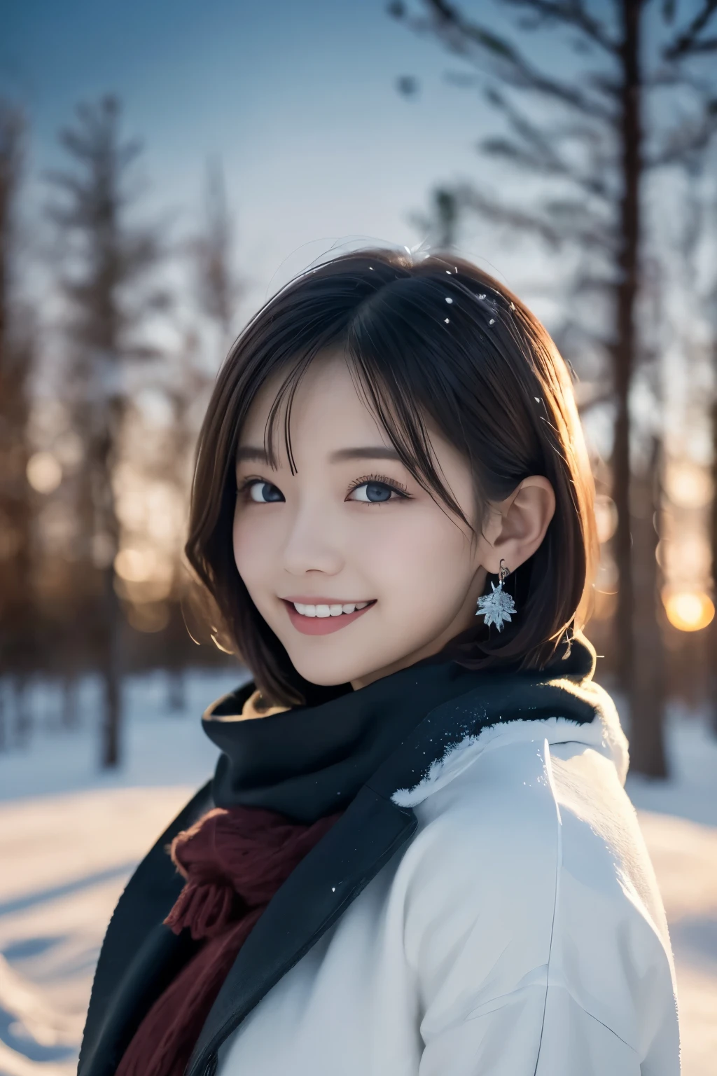 1 girl, (Winter clothes:1.2), beautiful japanese actress,
Looks great in photos, Yukihime, long eyelashes, snowflake earrings,
(Raw photo, highest quality), (reality, realistic:1.4), (pieces fly),
detailed and beautiful eyes, beautiful detailed lips, highly detailed eyes and face,
Blake is
(Frozen snow field in winter Lapland), (The last vestiges of the twilight sky:1.4),
mysterious beauty, snow covered tree, powder snow,
Snowy field landscape at dusk,
Indigo and dark vermilion color scheme, dramatic lighting, great atmosphere,
Blake is
Perfect Anatomy, Whole body slender, small breasts, (short hair:1.3), Angel'the smile of,
crystal-like skin, make eyes clear, catch light