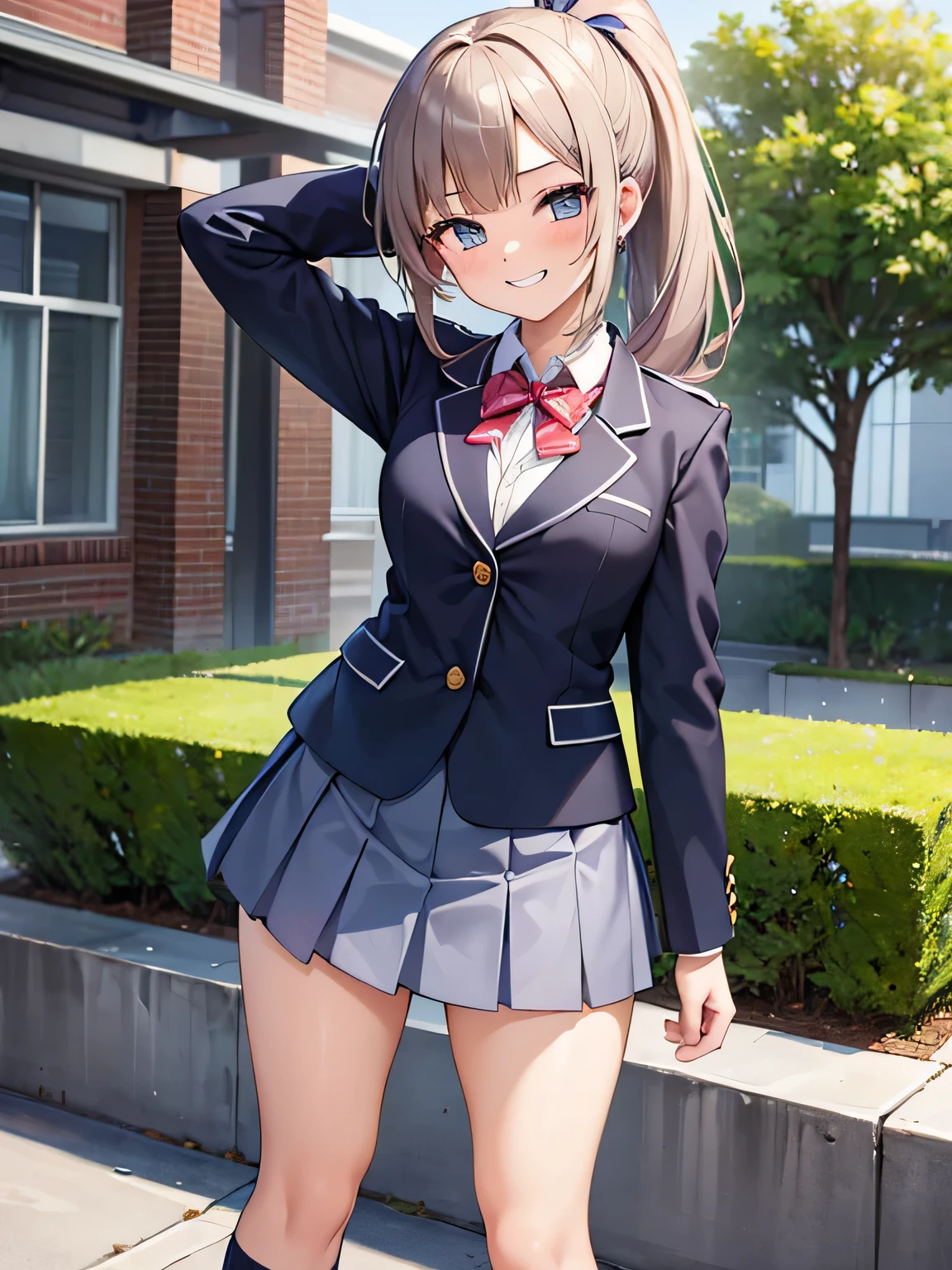 (1) There is a high school girl with beautiful legs., Lift up your skirt and show off your beautiful legs and panties,
(3) A high school girl wearing a white collared shirt and a navy blue uniform blazer.、The skirt is a mini version of the gray uniform skirt..、My feet are wearing loose socks.,
(4) The visible pants have a flashy pattern on a white background..,
(5) high school girl with brown ponytail, shining eyes, A provocative grin,
(6) The location is the high school courtyard..,
(7) highest quality, High resolution, realistic pictures, realistic skin,