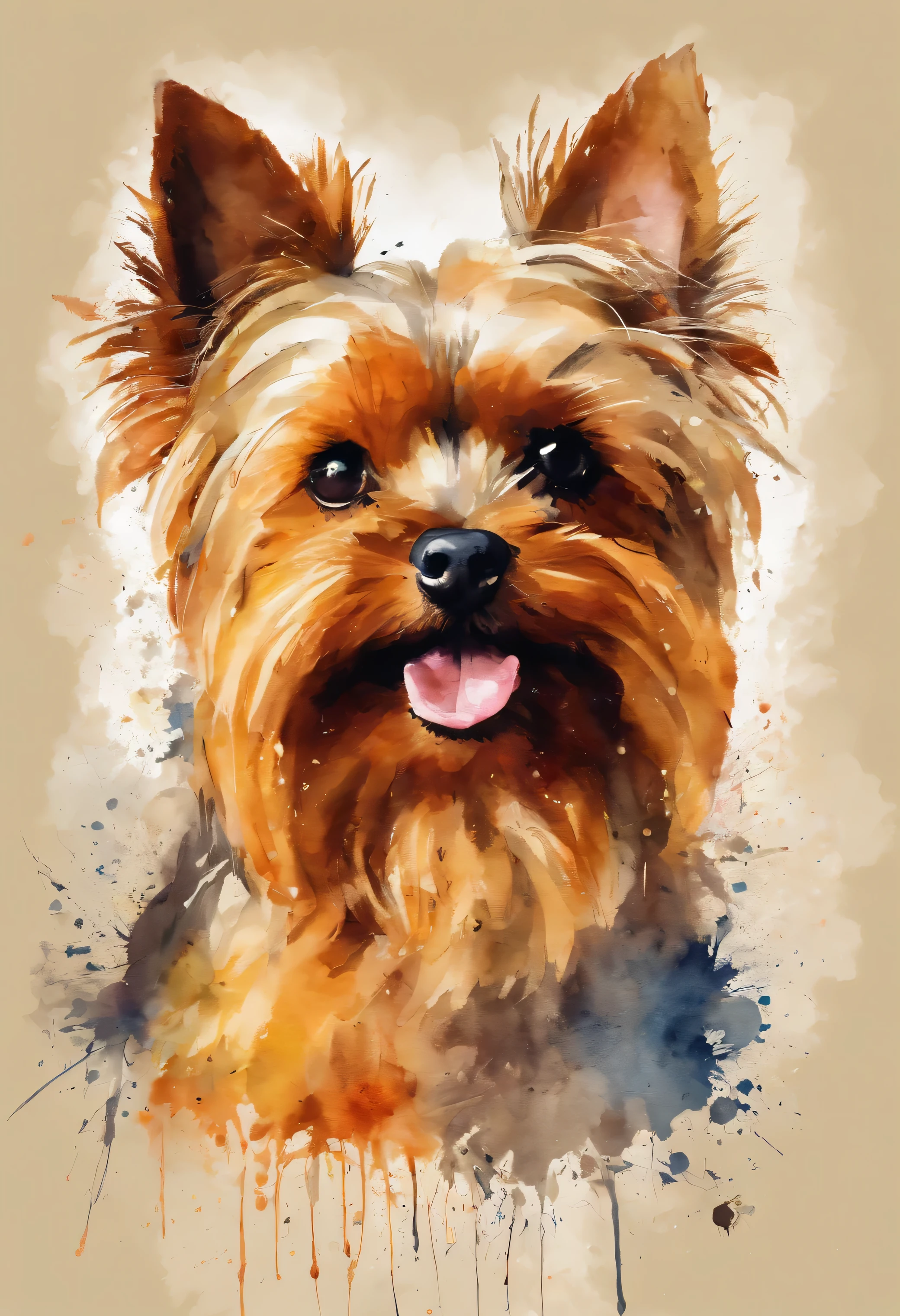 cute Yorkshire Terrier head painting with a splatter background and spray paint effect, beige colors, by Eugeniusz Zak, watercolor art, by Károly Lotz, watercolor painting, watercolor painting style, watercolor detailed art, by Reuben Tam, watercolor digital painting, watercolor paint, masterfully detailed watercolor, watercolor art, Grzegorz Rutkowski