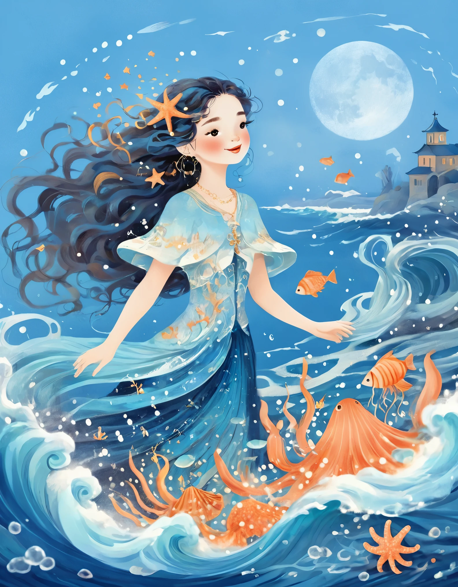 Digital illustration art, a beautiful girl dancing in the waves, twirling, undulating, extra long hair decorated with blue waves, coral, starfish, jellyfish, small fish and other comical illustrations, (full body), her hair consists of many waves and small fish, starfish, etc., in the background is the sea and boats, blue moon, small crabs, (the background is blended with the little girl's hair), opens up to the musical glamor of the enchanting ocean, white background, Chinese calligraphy's, glittering, reflective, optimal digital, 8K, high-definition, high-resolution, double-exposure, beautifully digital illustration,