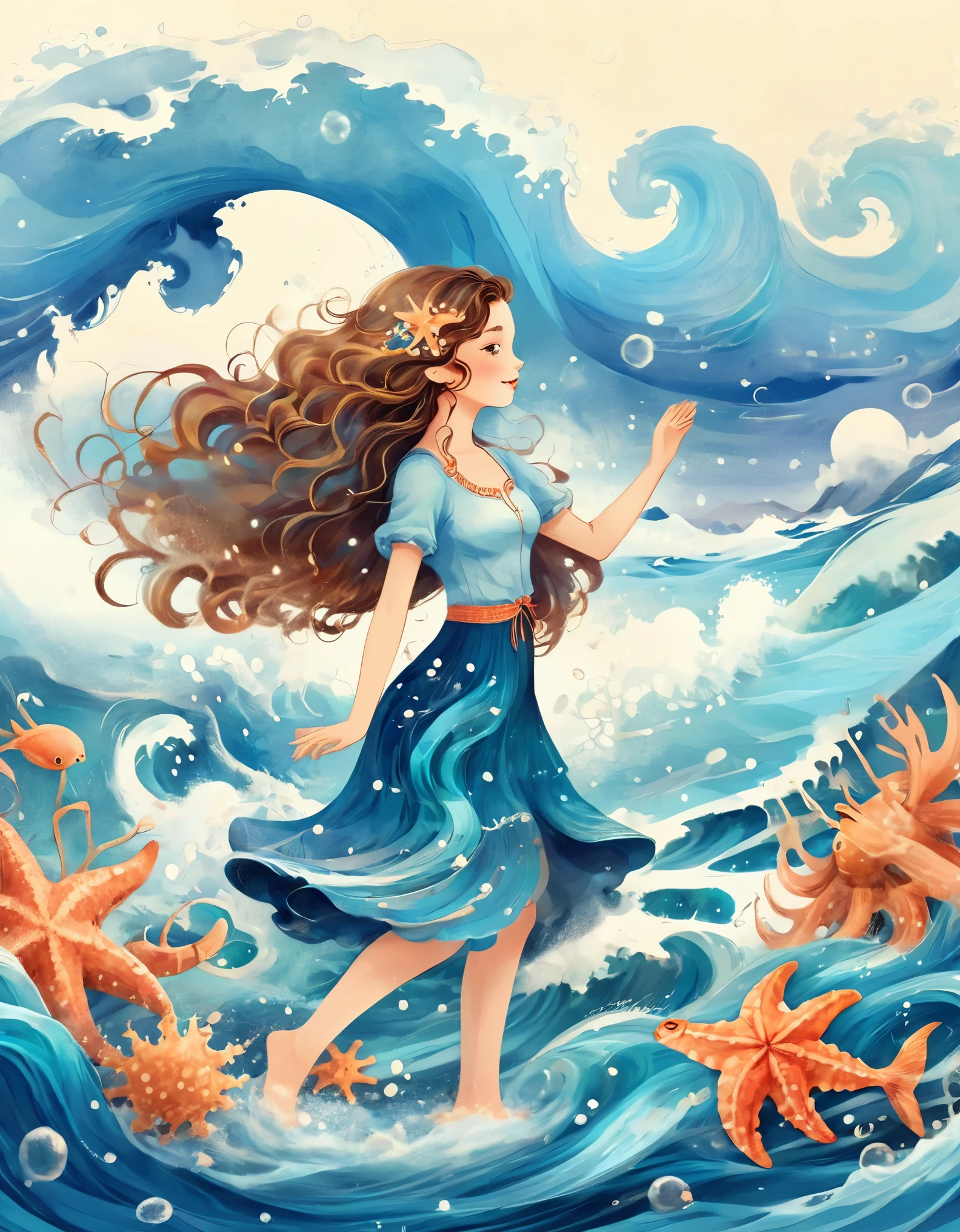 Digital illustration art, a beautiful girl dancing in the waves, twirling, undulating, extra long hair decorated with blue waves, coral, starfish, jellyfish, small fish and other comical illustrations, (full body), her hair consists of many waves and small fish, starfish, etc., in the background is the sea and boats, blue moon, small crabs, (the background is blended with the little girl's hair), opens up to the musical glamor of the enchanting ocean, white background, Chinese calligraphy's, glittering, reflective, optimal digital, 8K, high-definition, high-resolution, double-exposure, beautifully digital illustration,