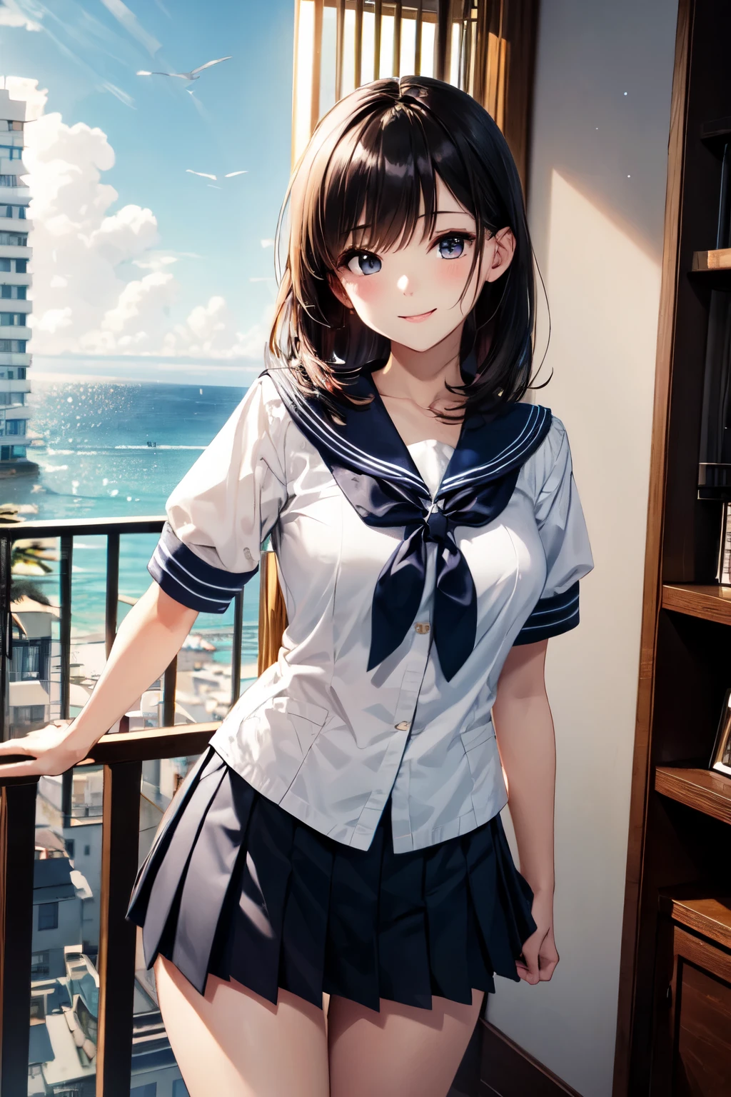 very cute and beautiful girl,(highly detailed beautiful face),sailor ,(navy blue pleated mini skirt),
(skirt lift,white panties),(smile),blush,looking at viewer,black hair,
antique hotel bedroom,gorgeous furnitures,balcony,ocean view,
(best quality,masterpiece:1.2),absurdres,highres,ultra-detailed,extremely detailed,32k,8k resolution,
intricate details,cinematic scene,detailed background,solo,dynamic angle,
natural lighting,hair fluttering in the wind,beautiful detailed sky,